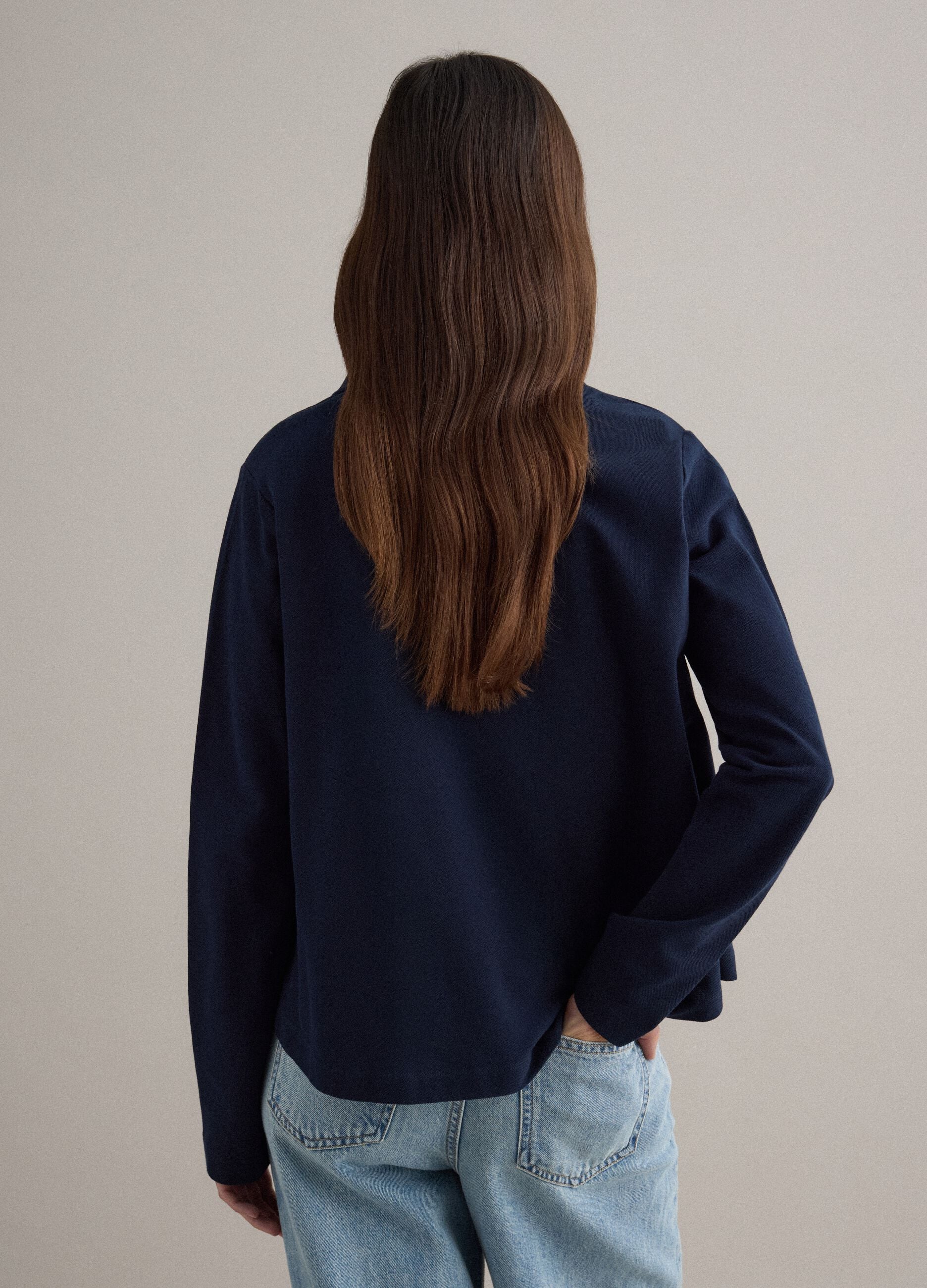 Long-sleeve blue polo shirt in pure cotton regular fit