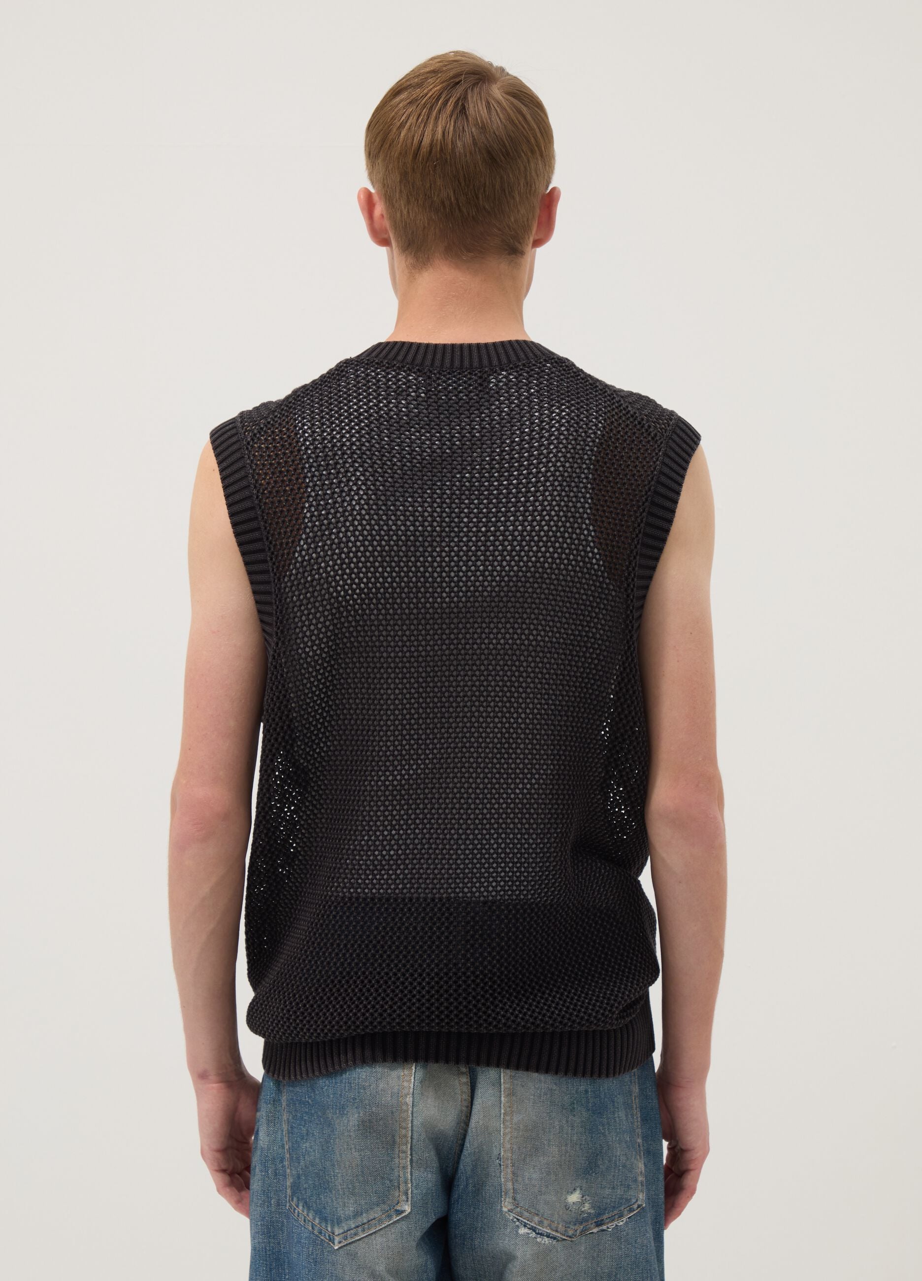 Black pure cotton mesh sleeveless top, oversized fit