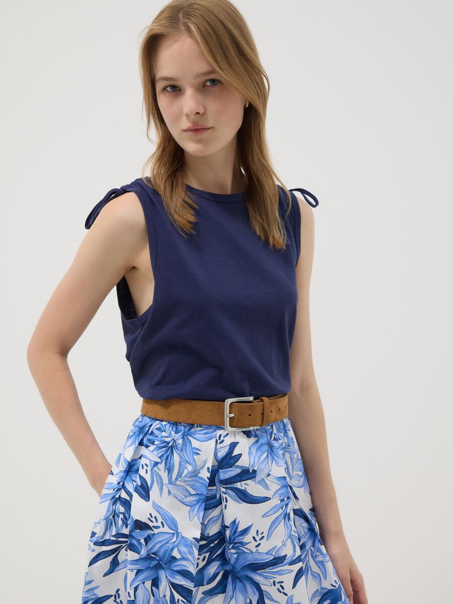 Blue pure cotton tank top with shoulder ties_1