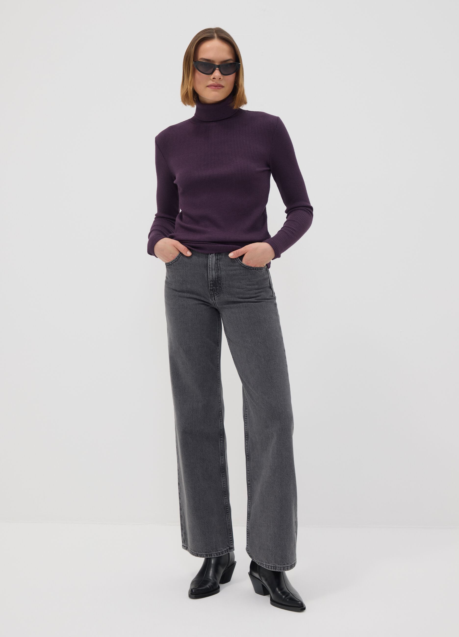 Purple ribbed viscose-blend crew-neck top