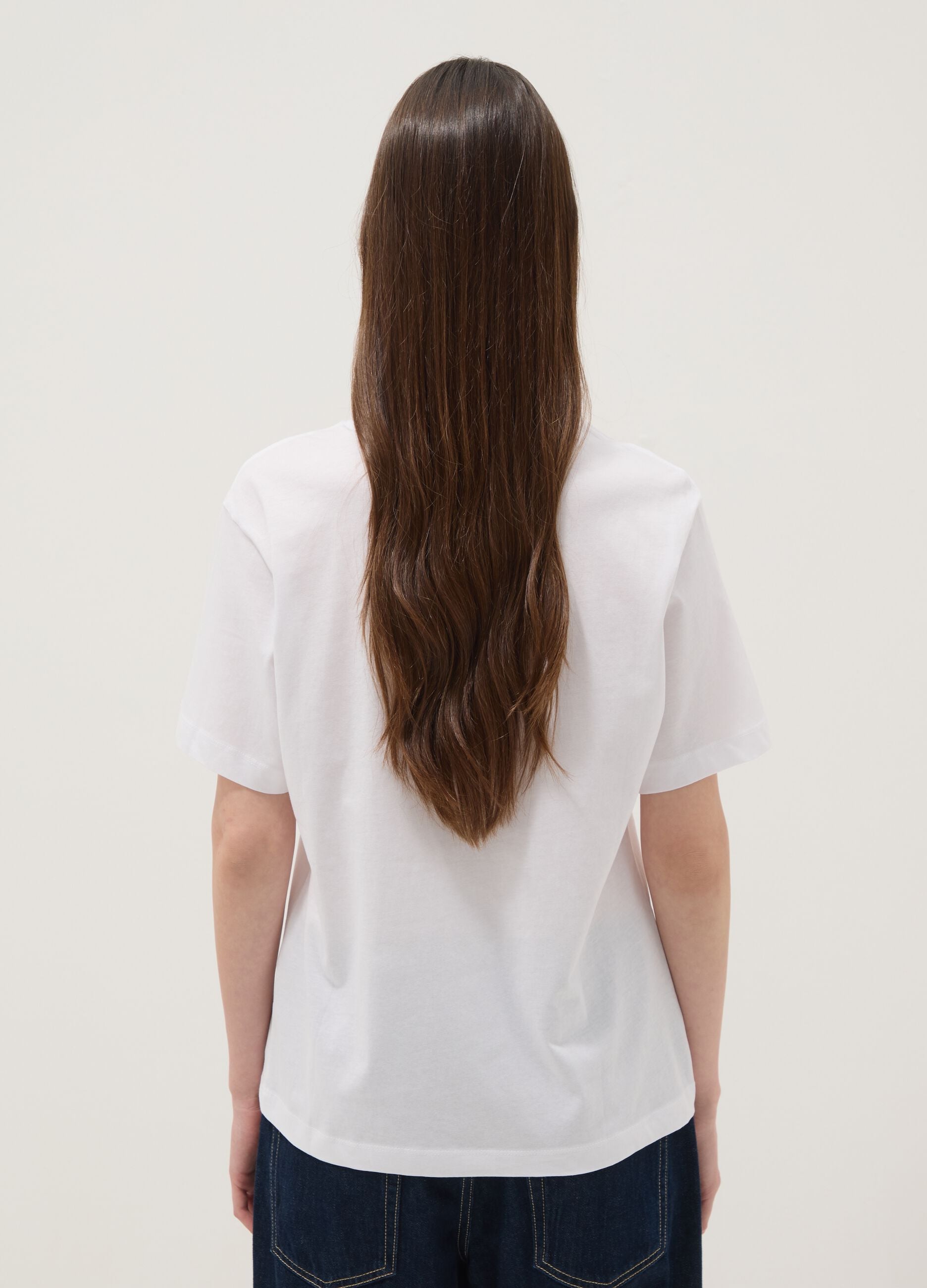 White pure cotton T-shirt with floral print, regular fit