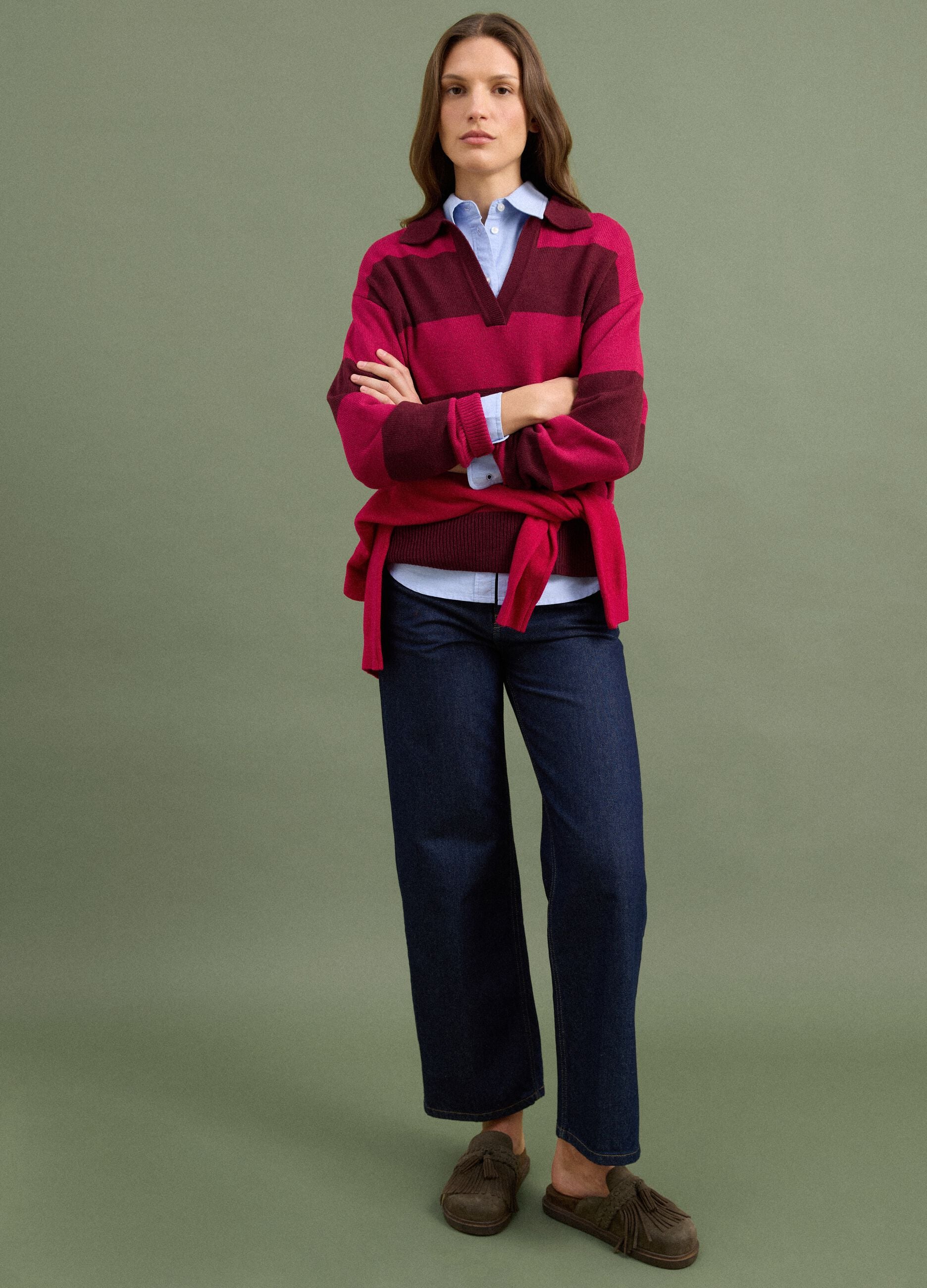 Red striped wool-blend polo collar jumper