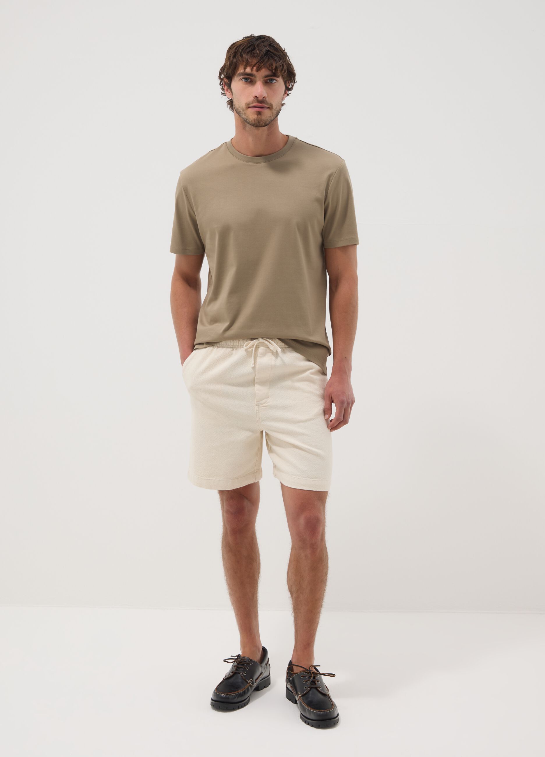 Beige slim-fit mercerised pure cotton T-shirt