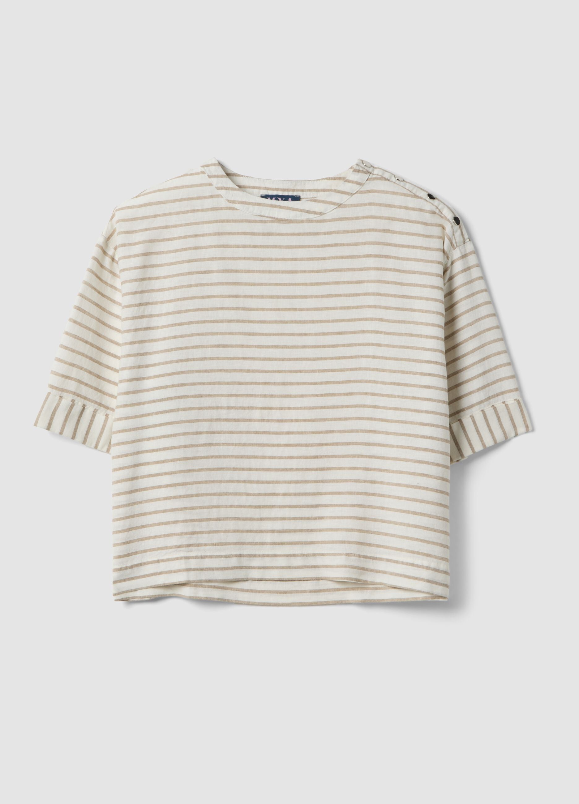 Multicolour striped linen blend regular fit t-shirt