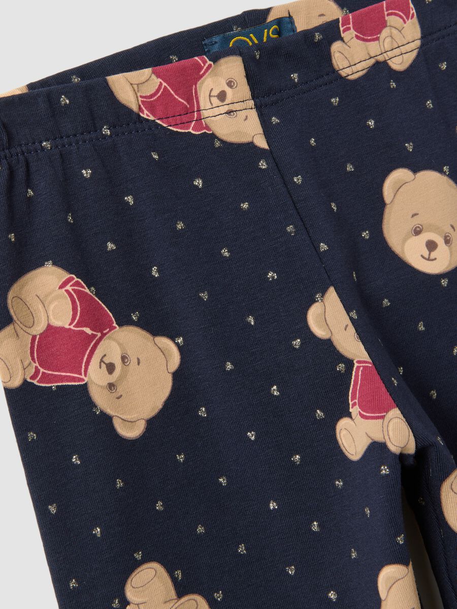 Blue stretch organic cotton leggings with teddy bear print for girls_2