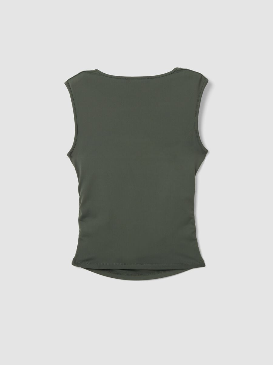 Tank top verde in tessuto elasticizzato con arricciature laterali_5