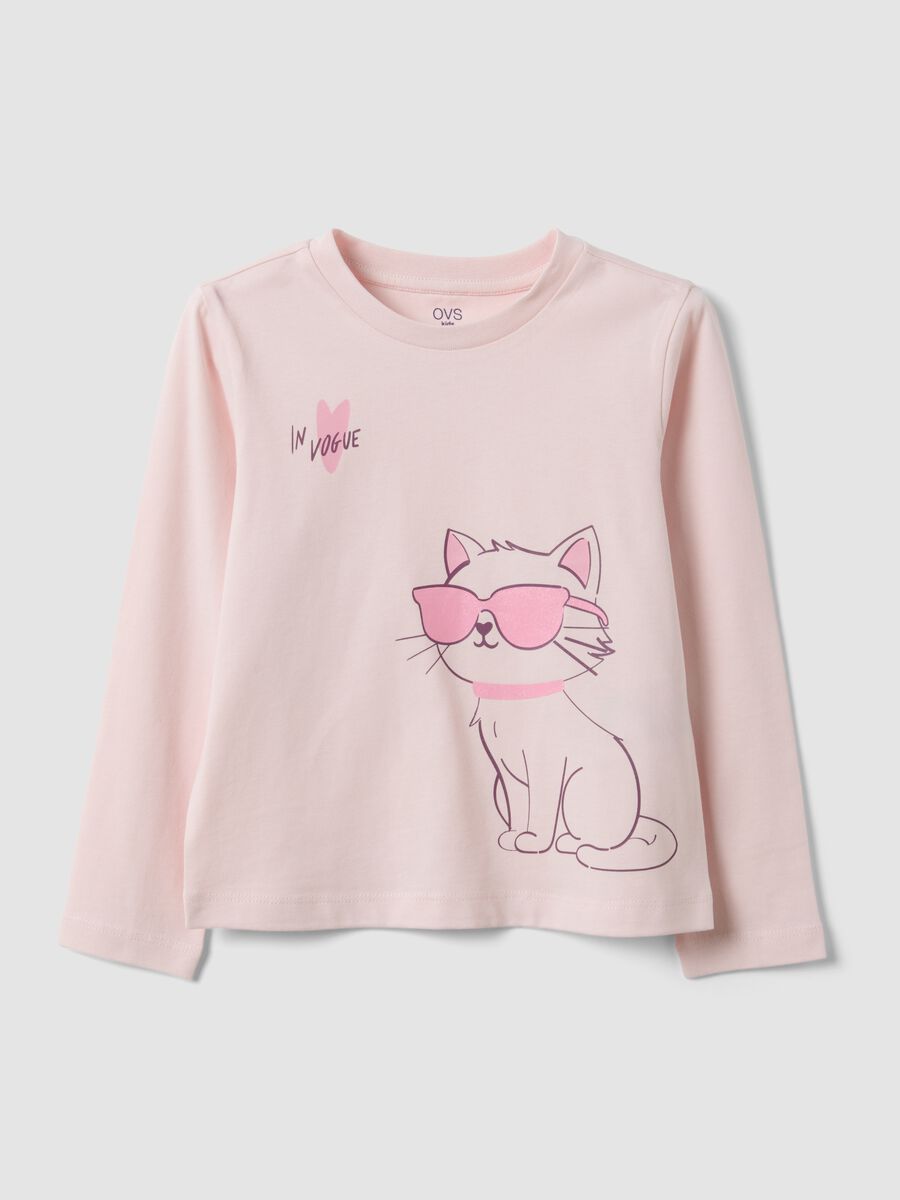 Pink organic cotton T-shirt with kitten print for girls_0