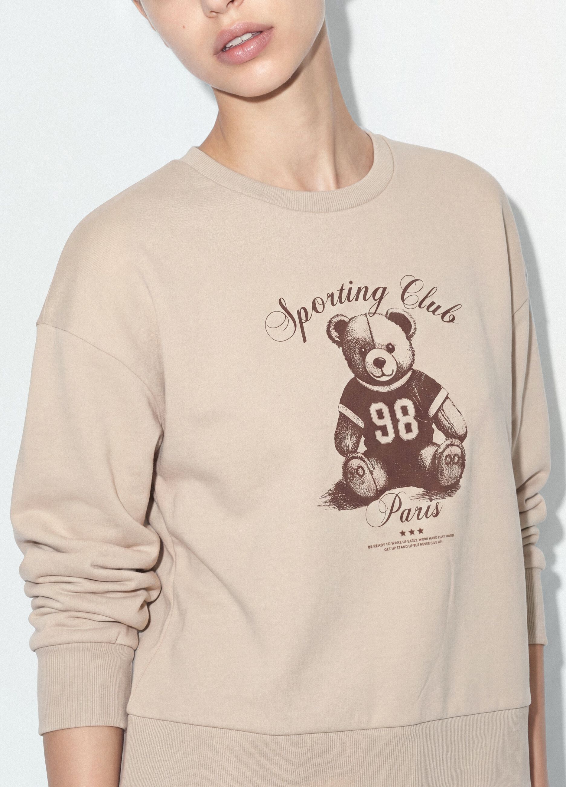 Beige cotton-blend crew-neck sweatshirt with teddy print