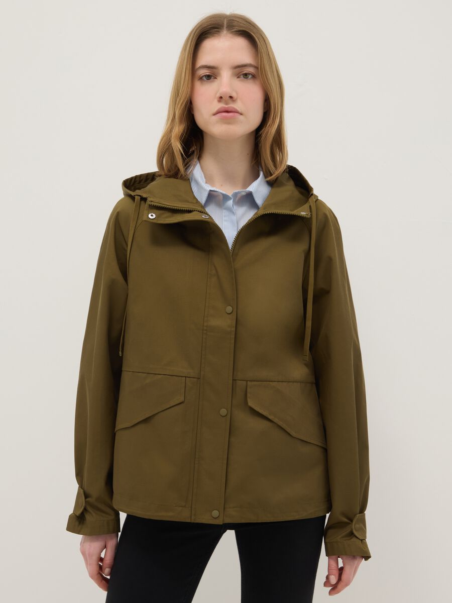 Green cotton blend regular fit jacket with zip and hood_0