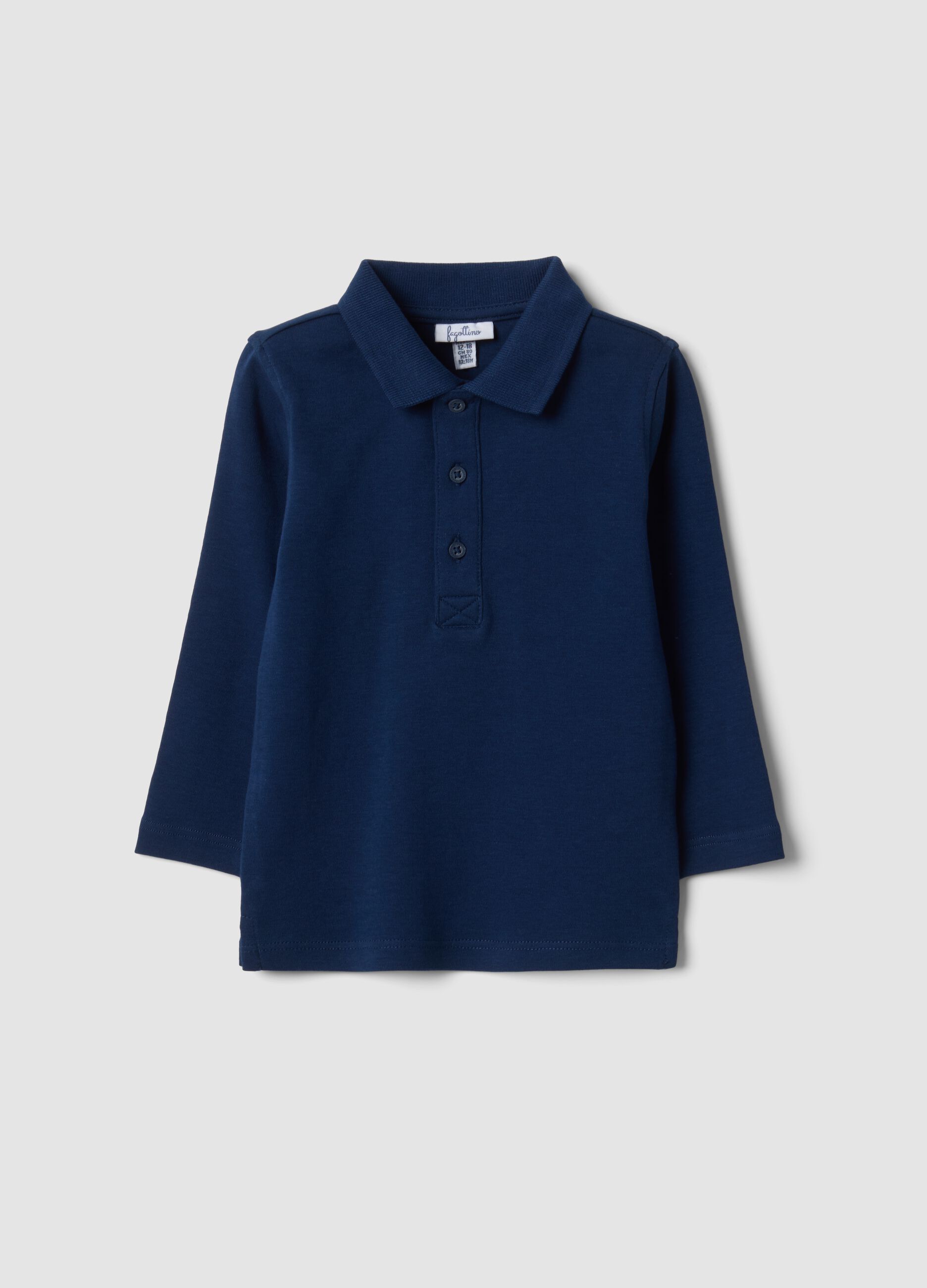 Blue long-sleeve polo shirt in pure organic cotton for baby boy