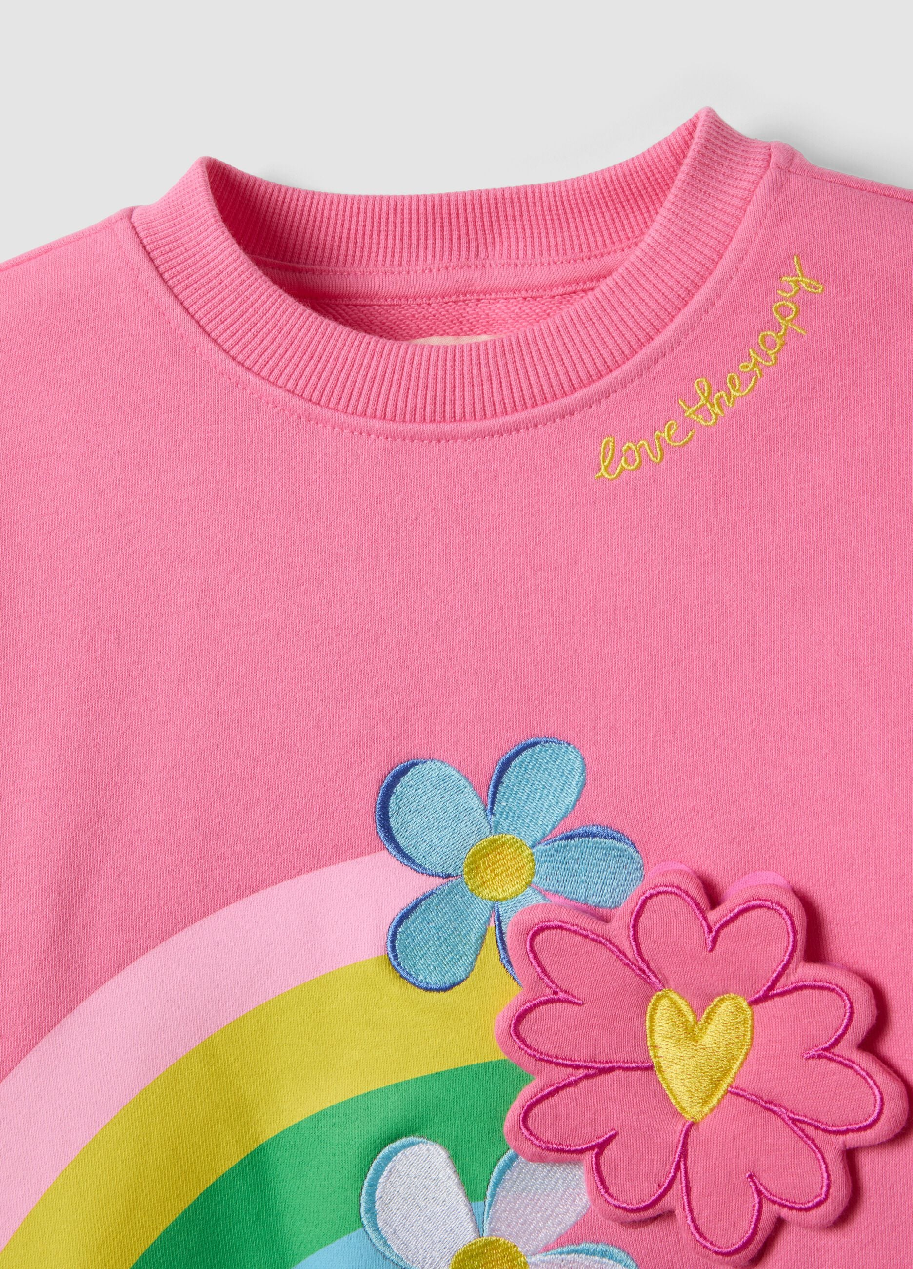 Pink cotton-blend sweatshirt with crew neck, rainbow print and floral details