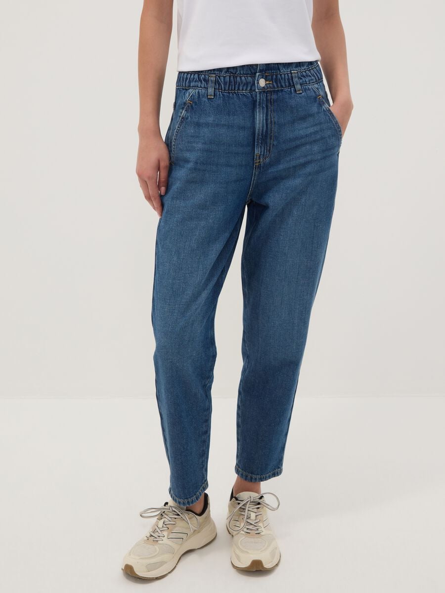 Blue pure cotton denim jeans with paperbag waist, baggy fit_1