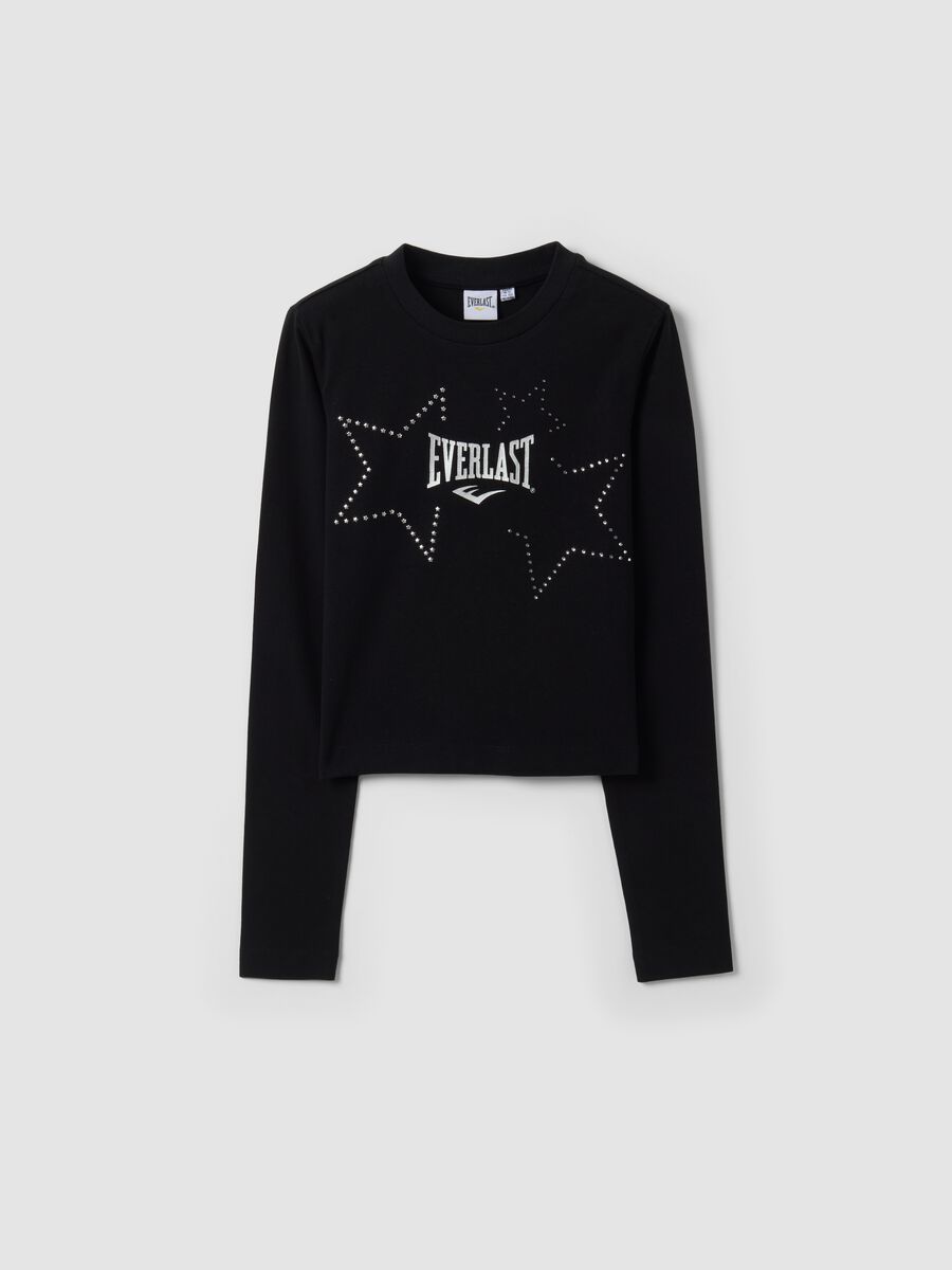 Black pure cotton T-shirt with applied stars, regular fit for girls_0