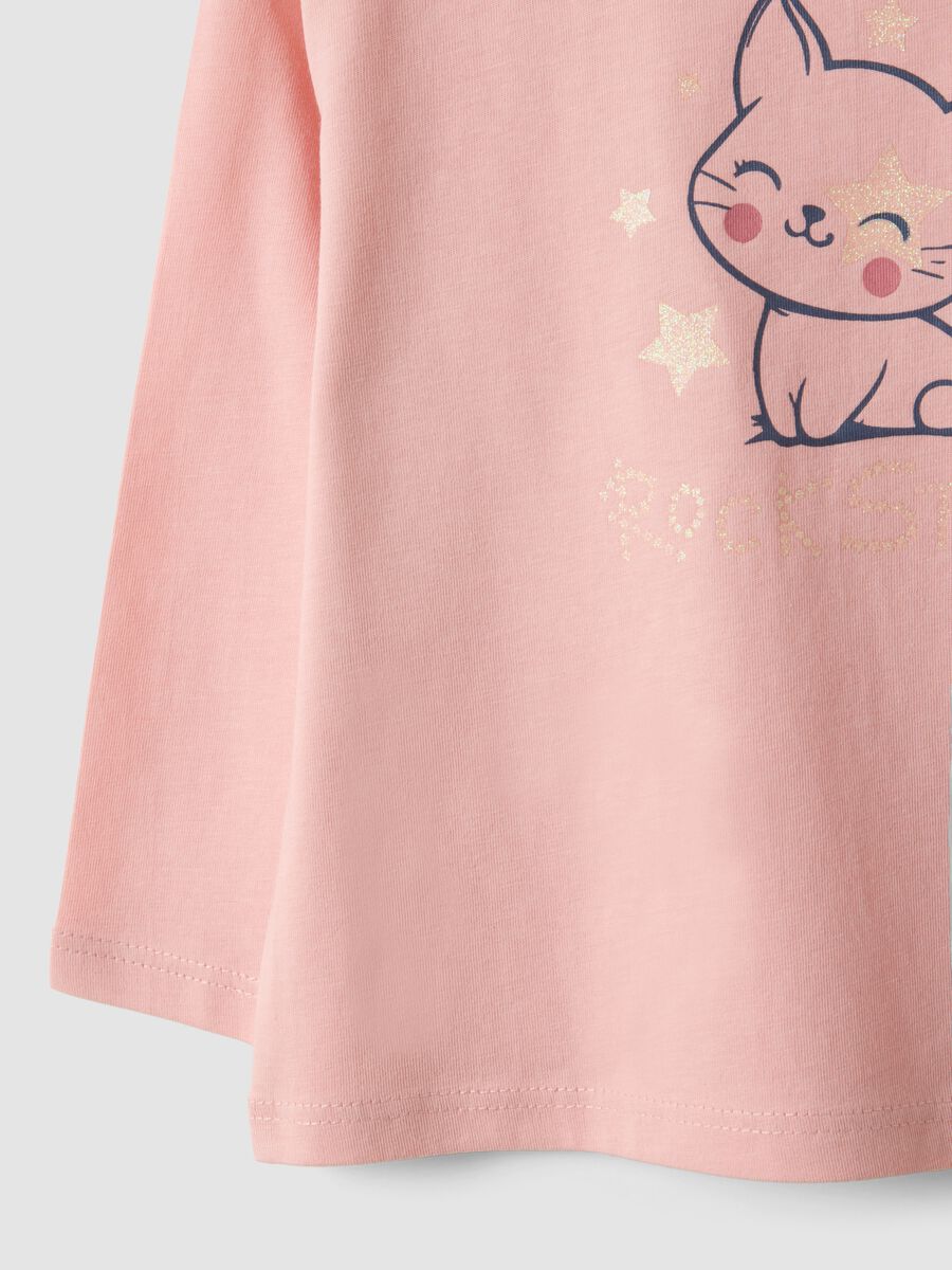 Pink organic cotton T-shirt with kitten print for baby girl_2