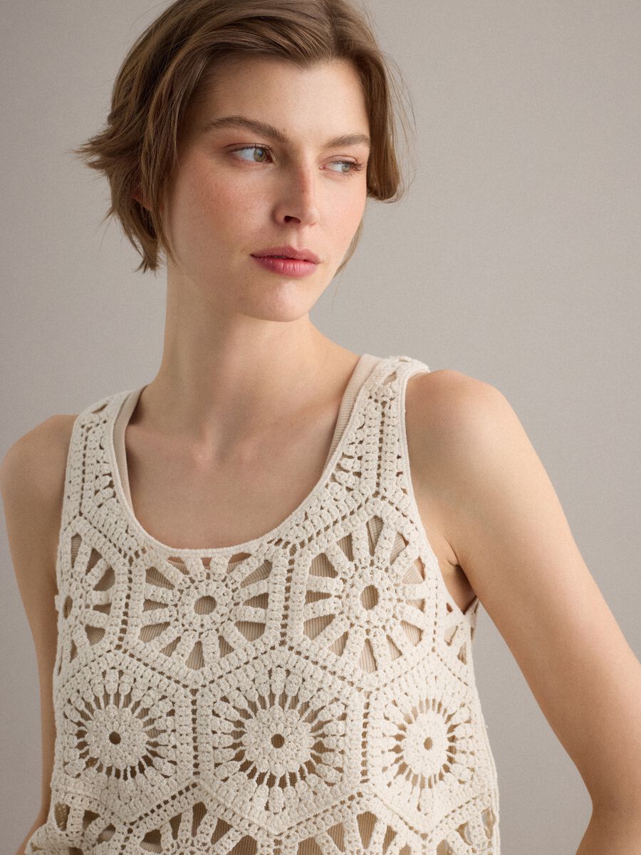 Tank top beige in puro cotone con lavorazione crochet_0