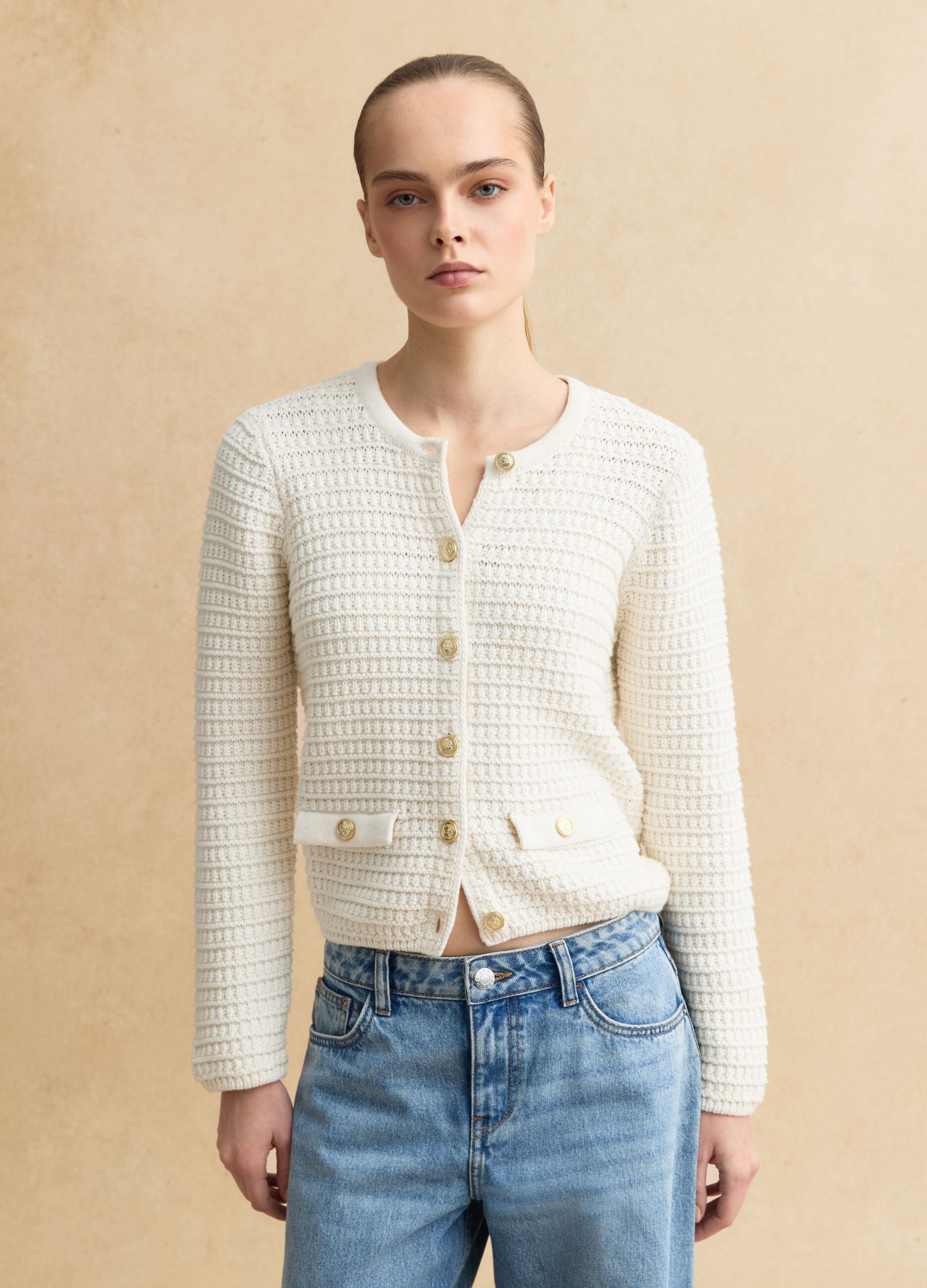 White pure cotton regular fit cardigan with buttons and pockets
