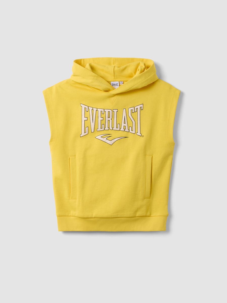 Yellow sleeveless pure cotton hoodie with logo for boys_0