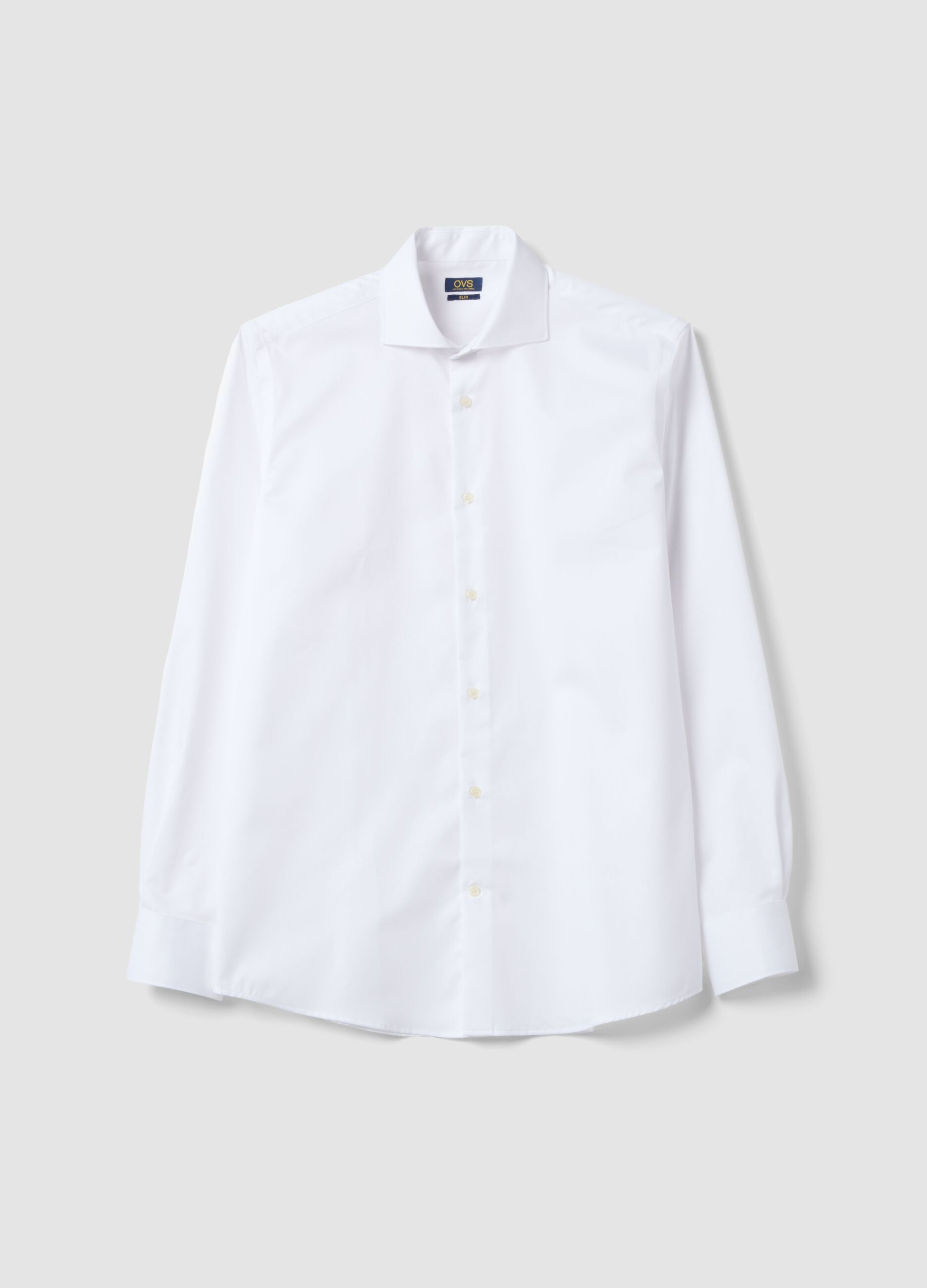 White slim-fit pure cotton shirt with French collar, non-iron