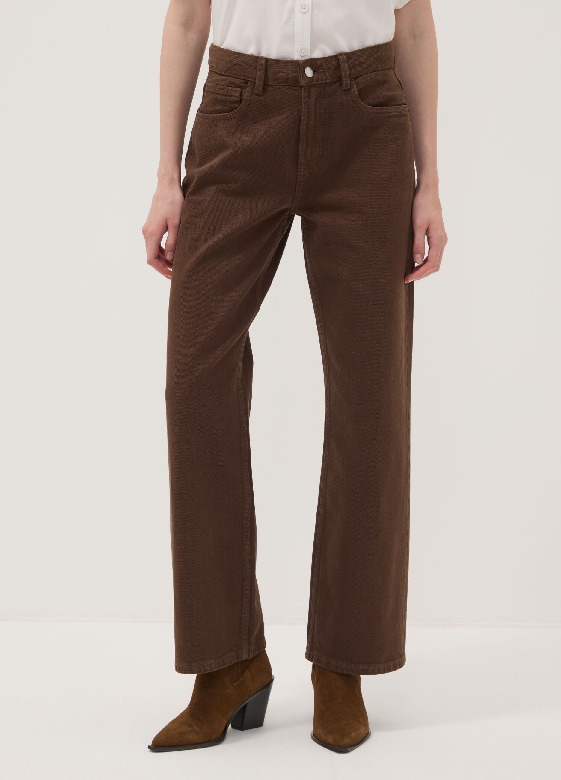 Brown straight-fit pure cotton jeans