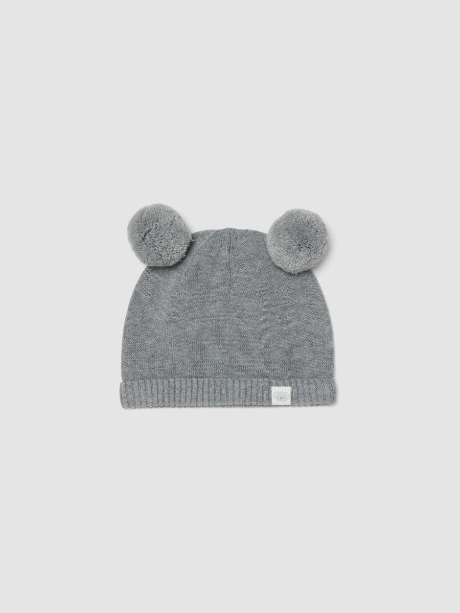 Grey baby hat in pure organic cotton with pom-poms_0