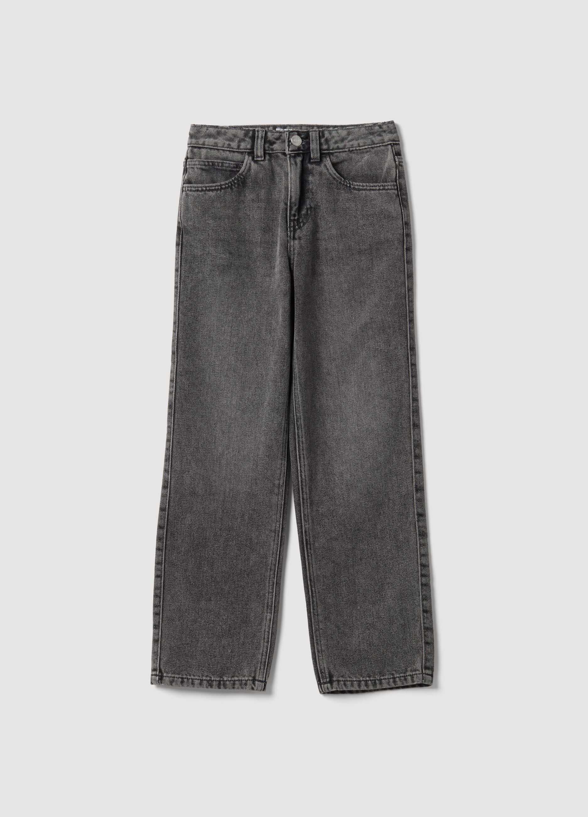 Girls&rsquo; straight-leg grey jeans in cotton, lyocell and viscose blend denim