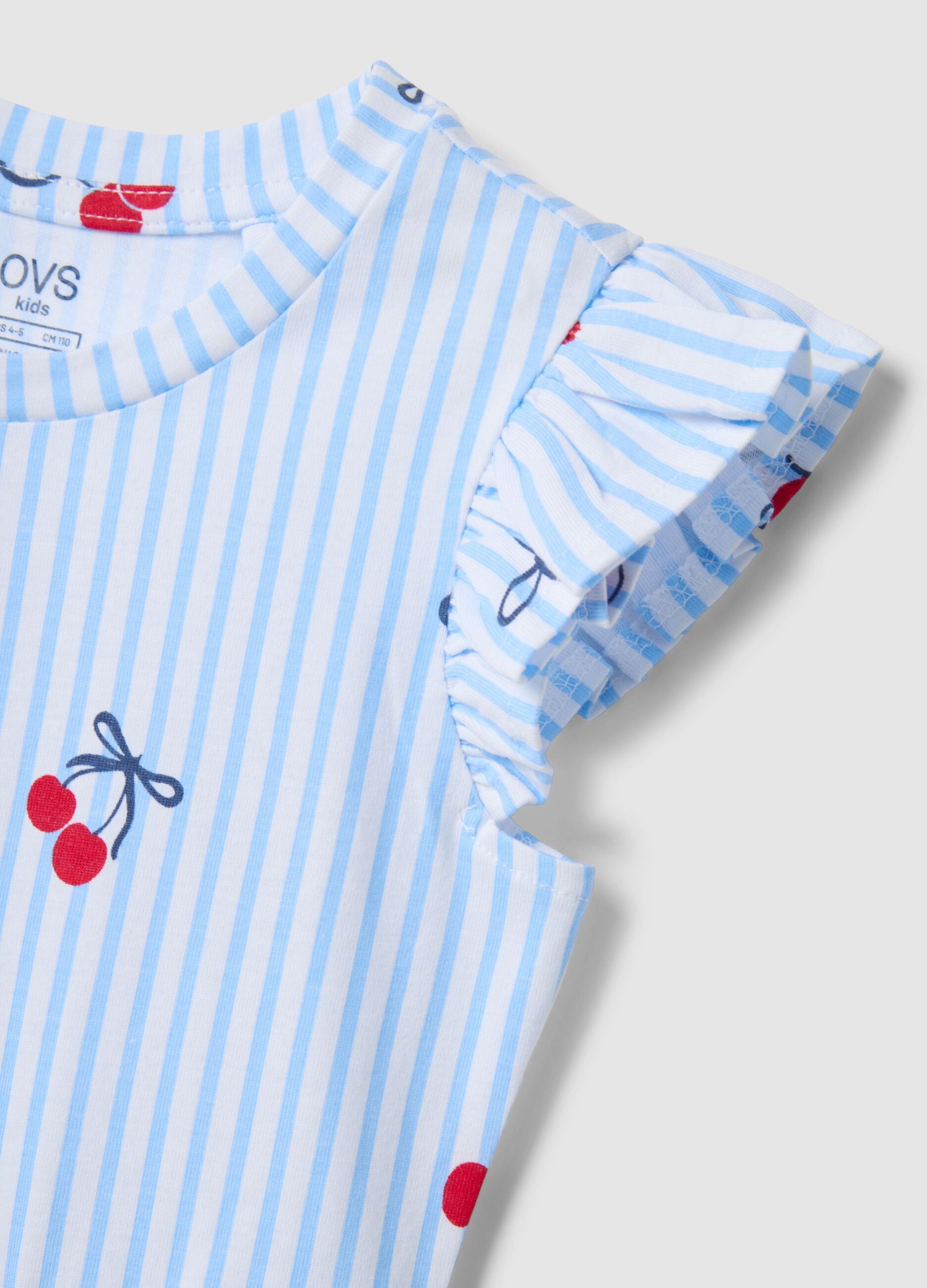Pure cotton dress with blue stripes, ruffles and prints for girls