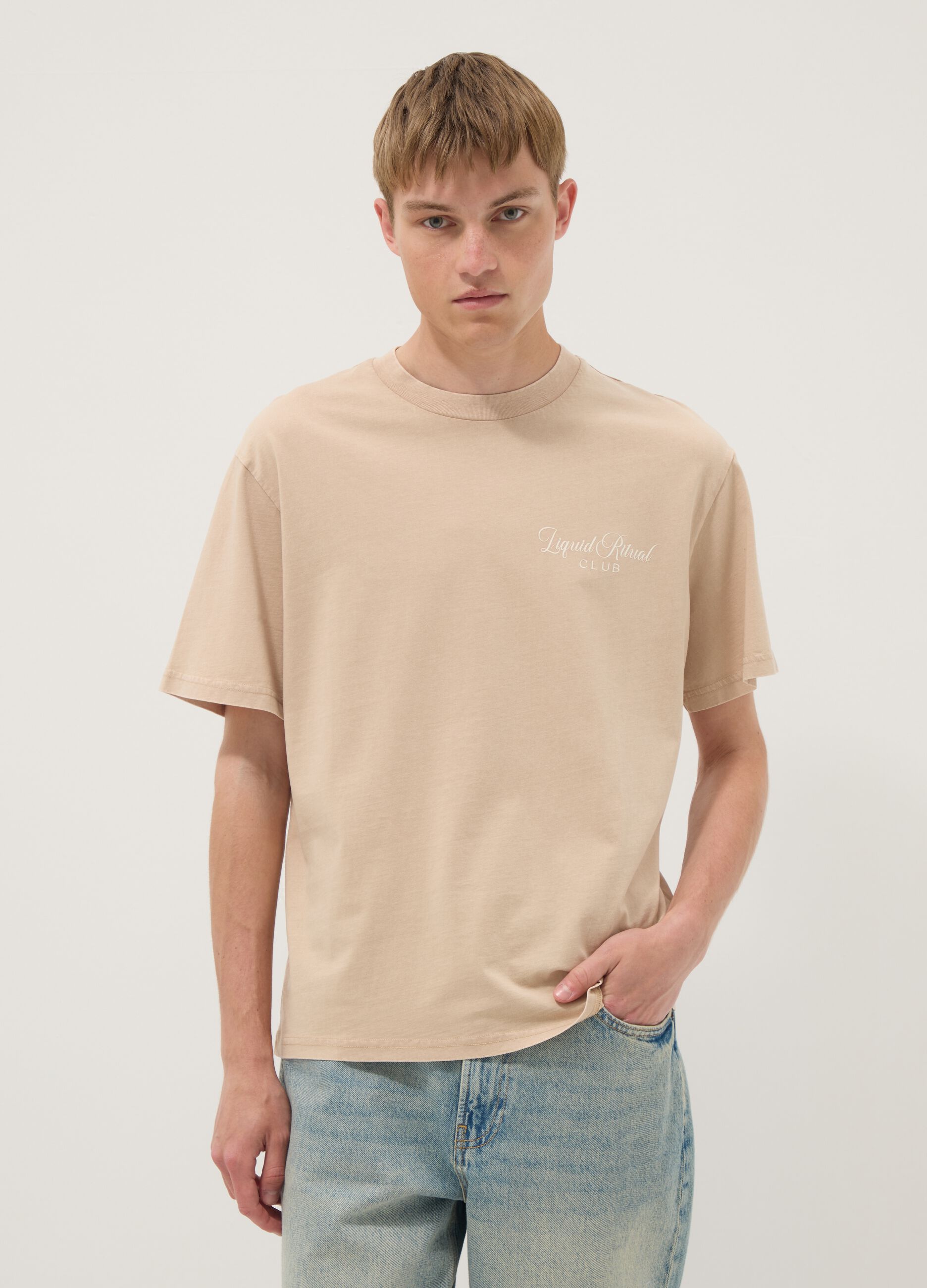 Beige short-sleeve pure cotton T-shirt