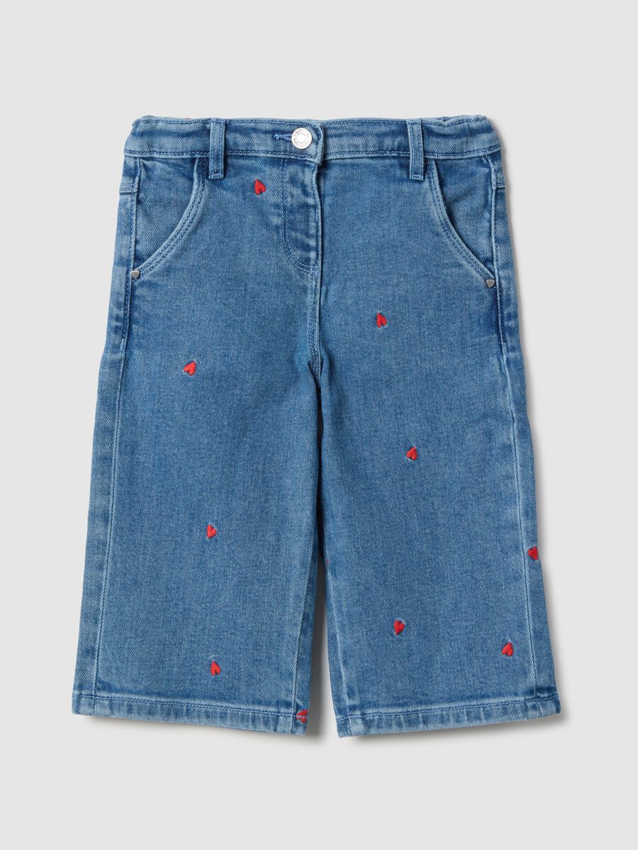Pantaloni in cotone elasticizzato denim con ricami per bimba wide leg_0