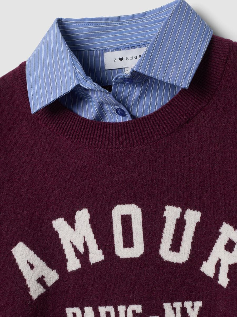 Maglia viola in misto viscosa e lana con scollo a V e inserto camicia_5