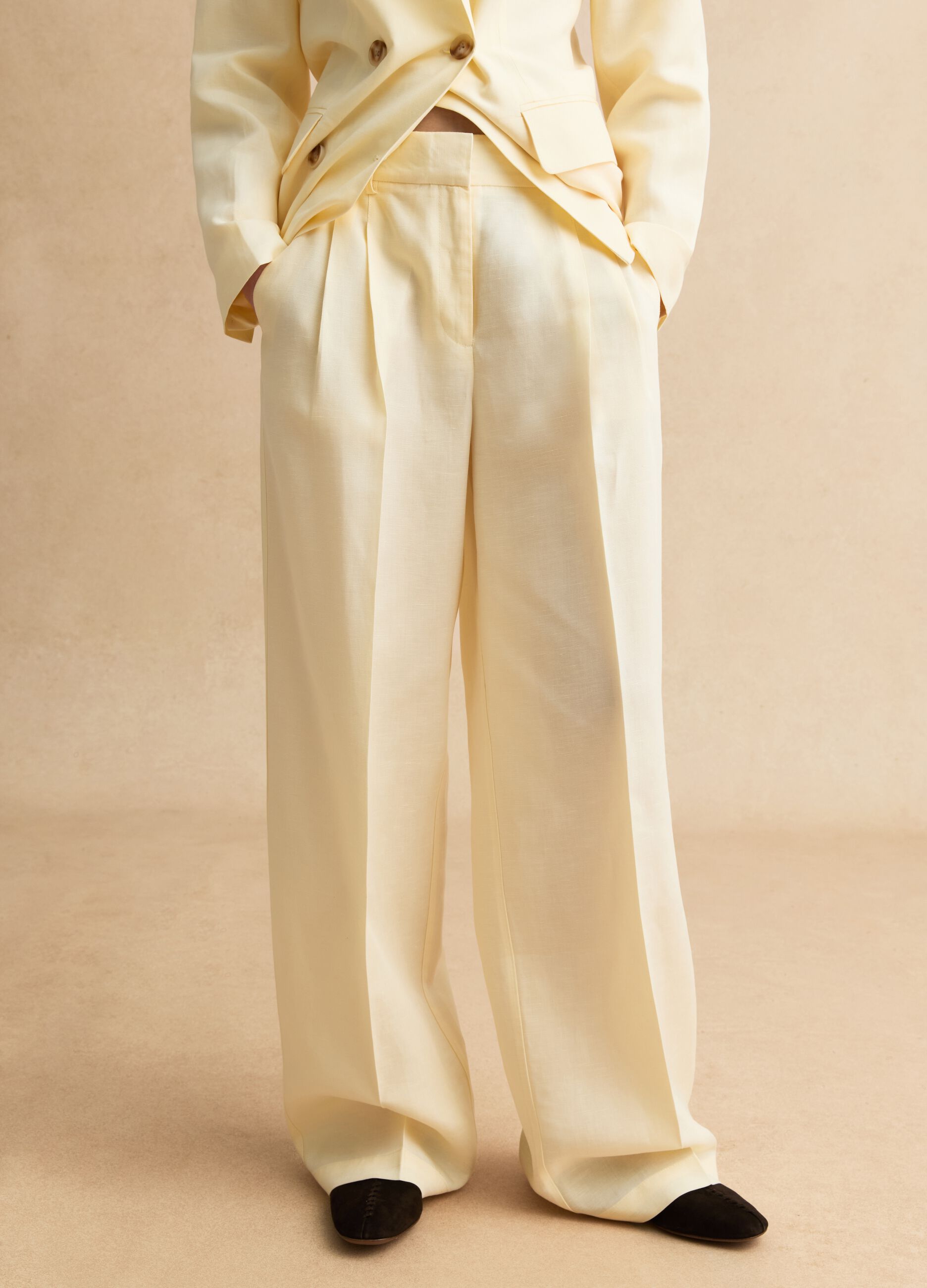 Elegant beige Lyocell and linen wide leg trousers