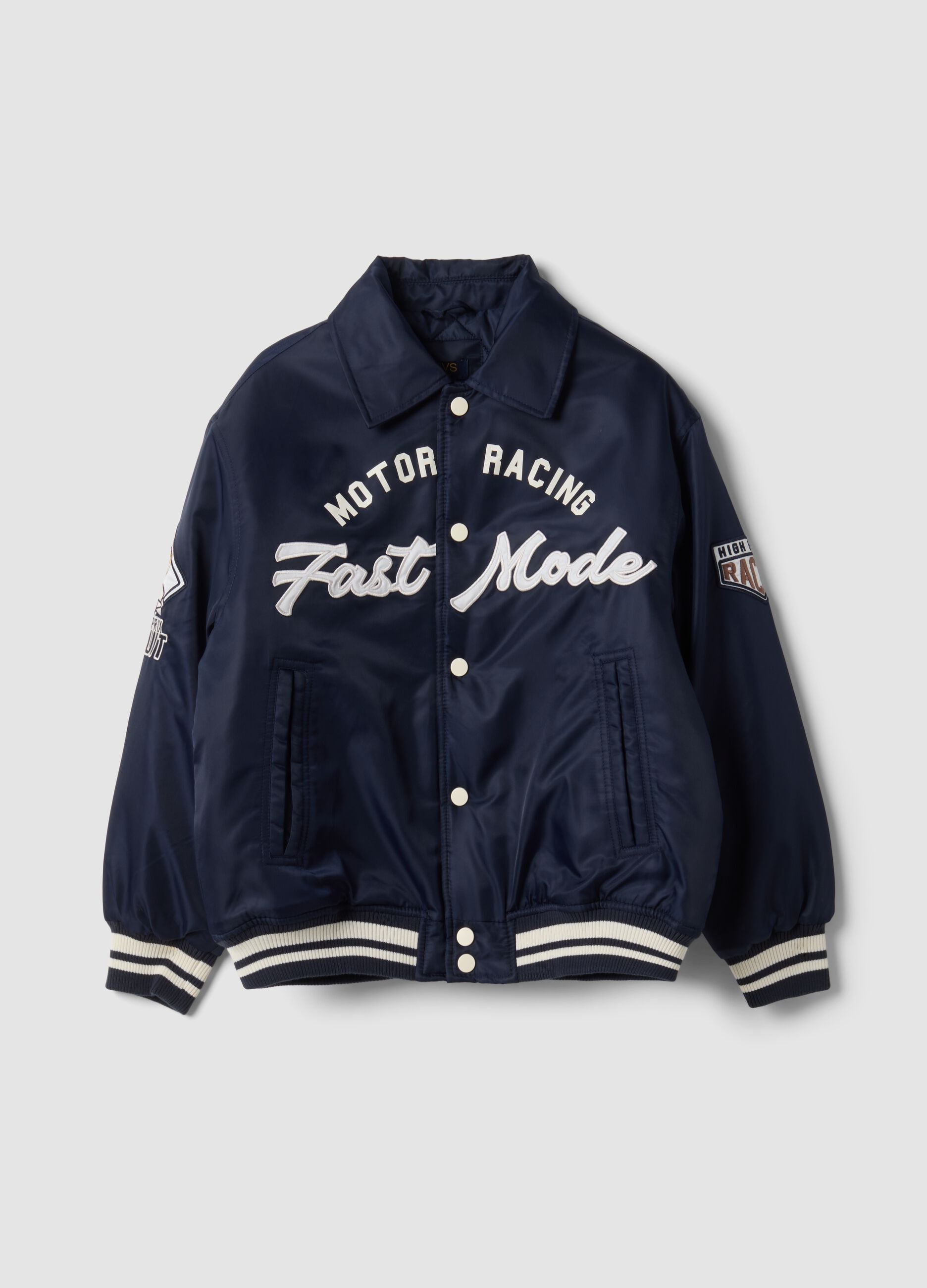 Blue varsity jacket with zip and racing print