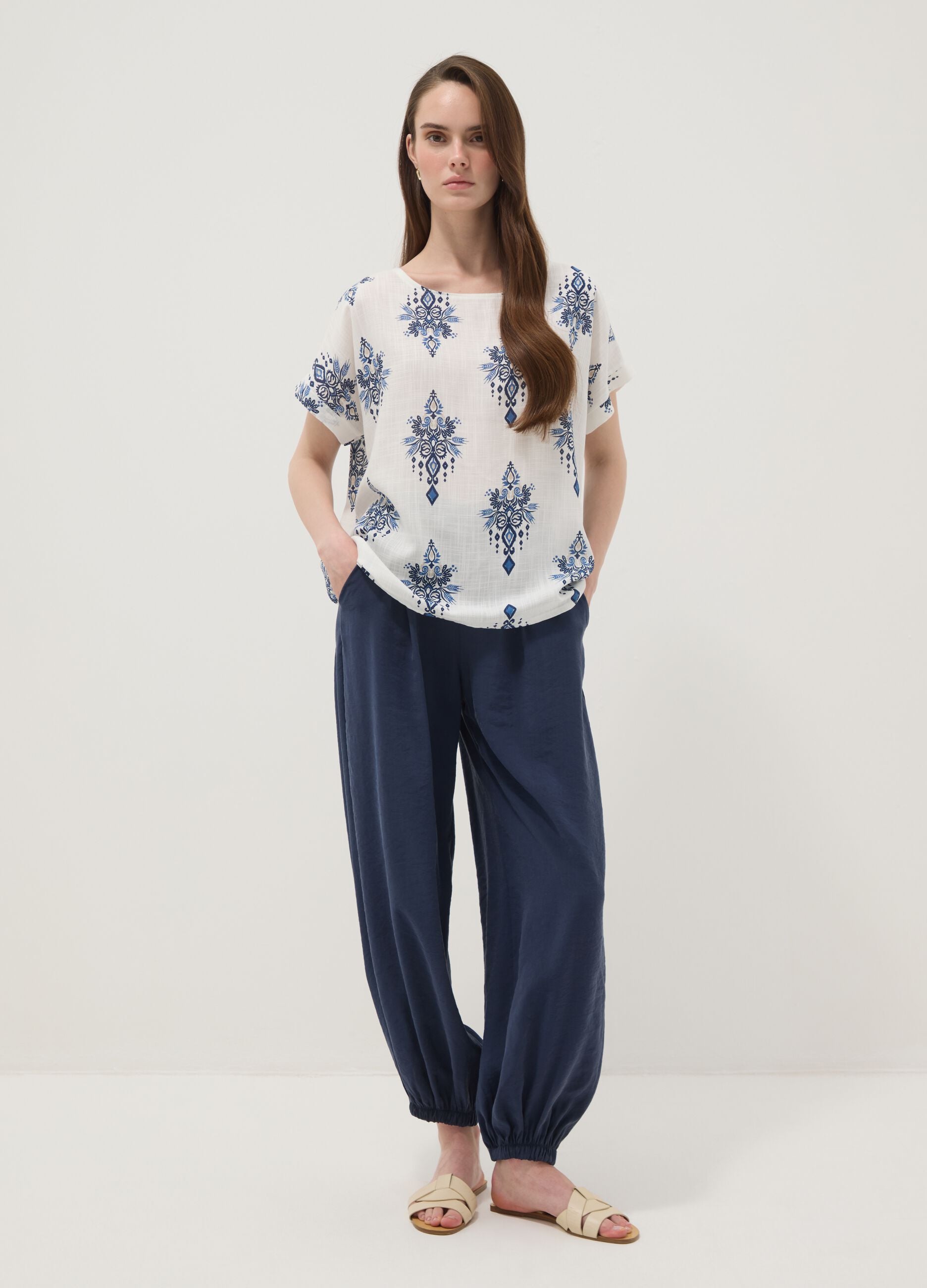White pure viscose blouse with blue print, regular fit