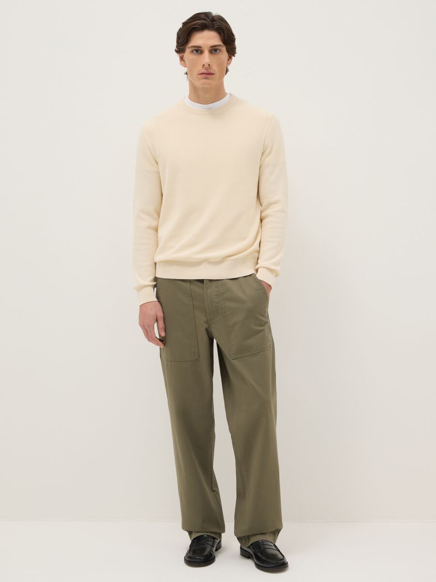 Beige crew neck sweater in pure cotton regular fit_1