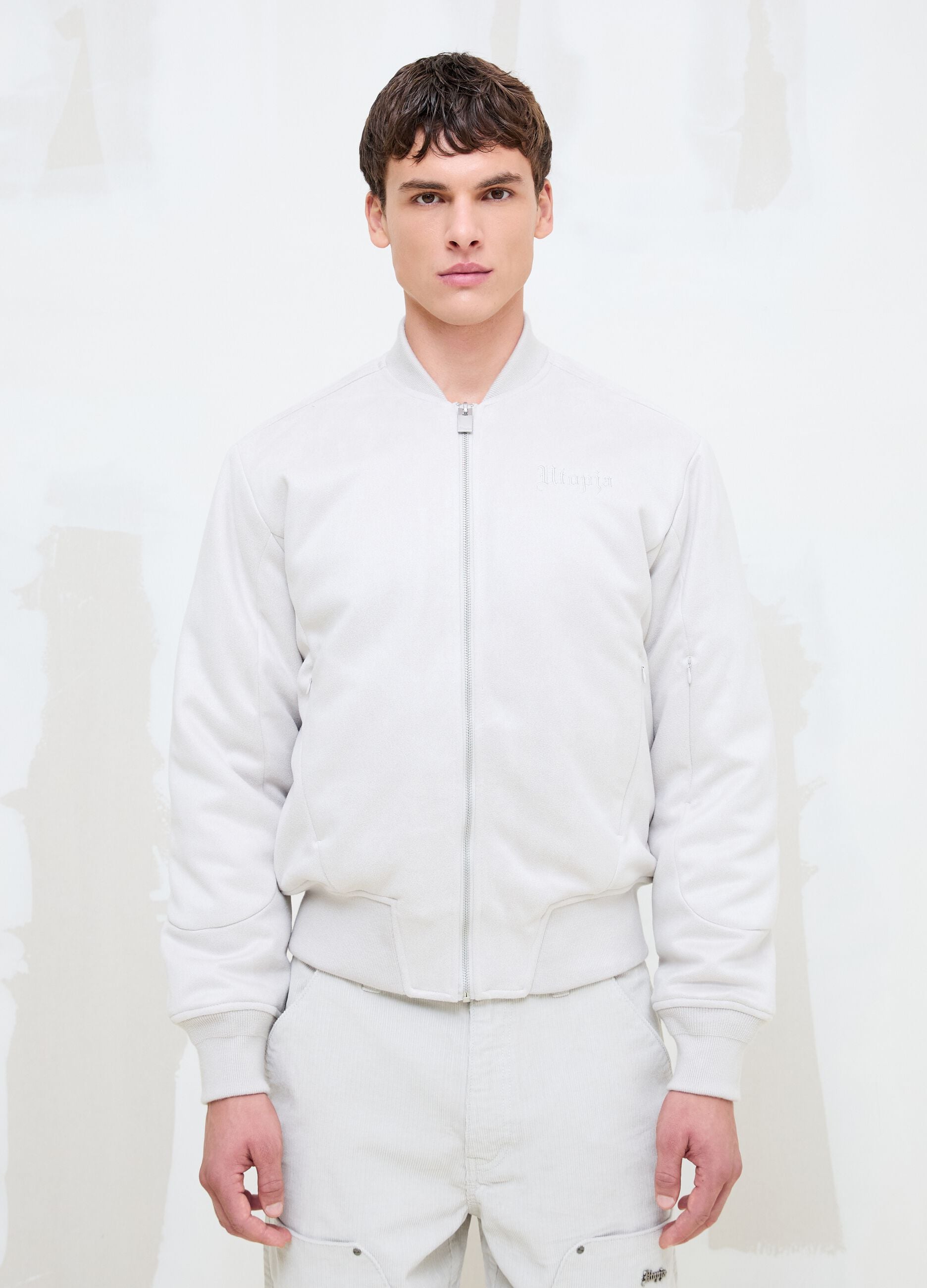 Faux Suede Bomber Jacket &ndash; Light Beige