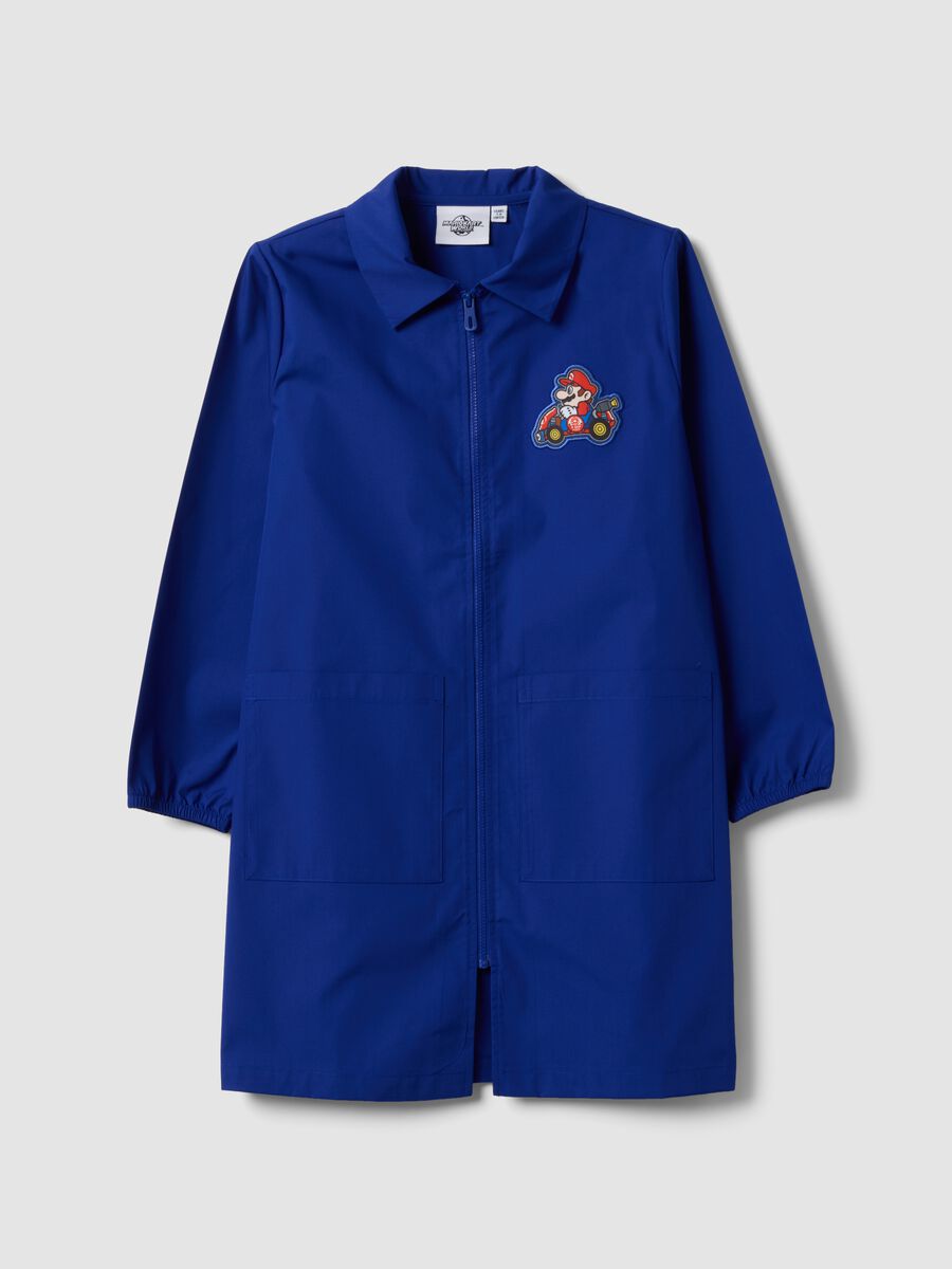 Blue boys&rsquo; school apron with zip and Mario Kart embroidery_0