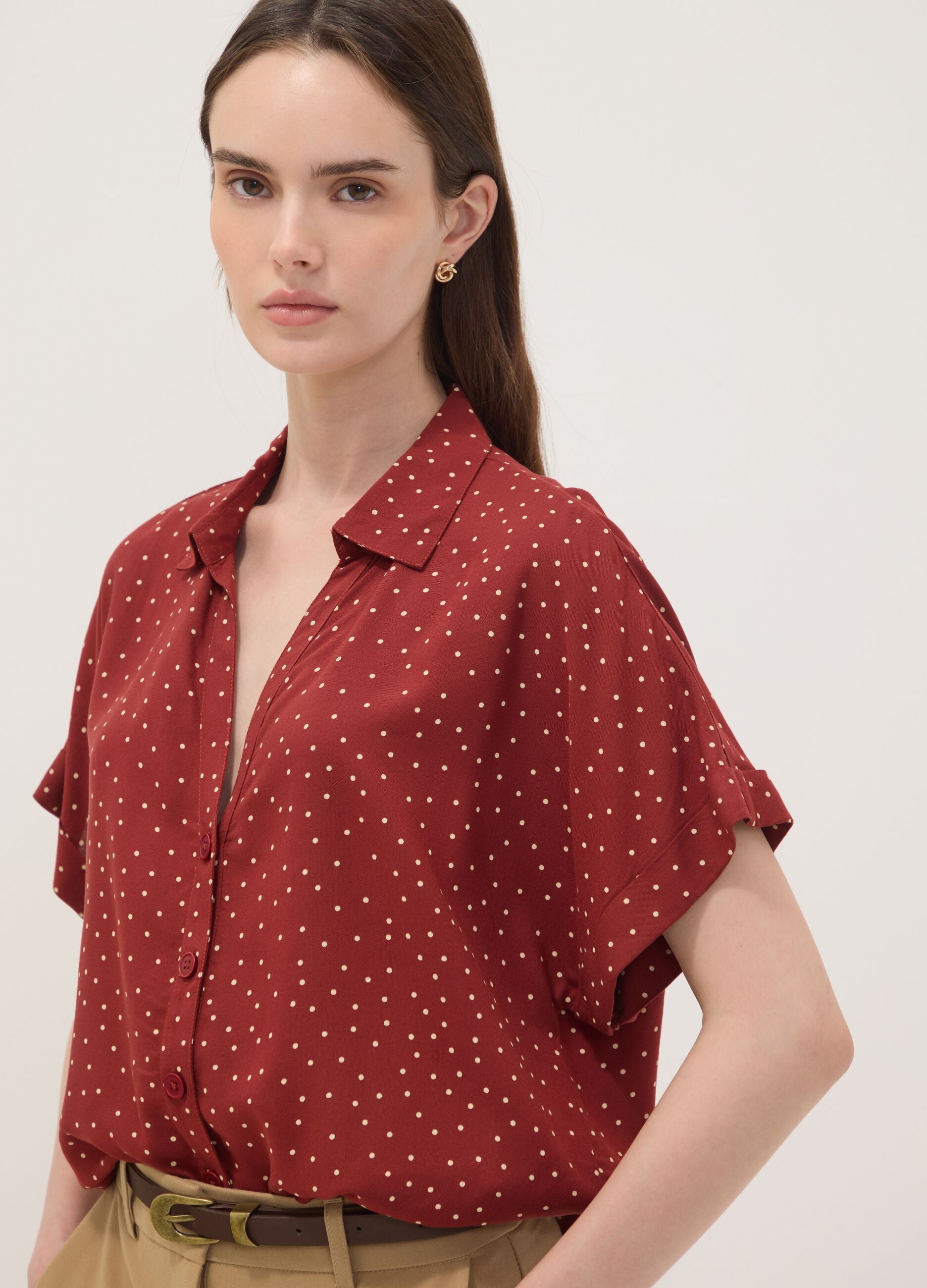 Red polka-dot pure viscose short-sleeved oversized shirt