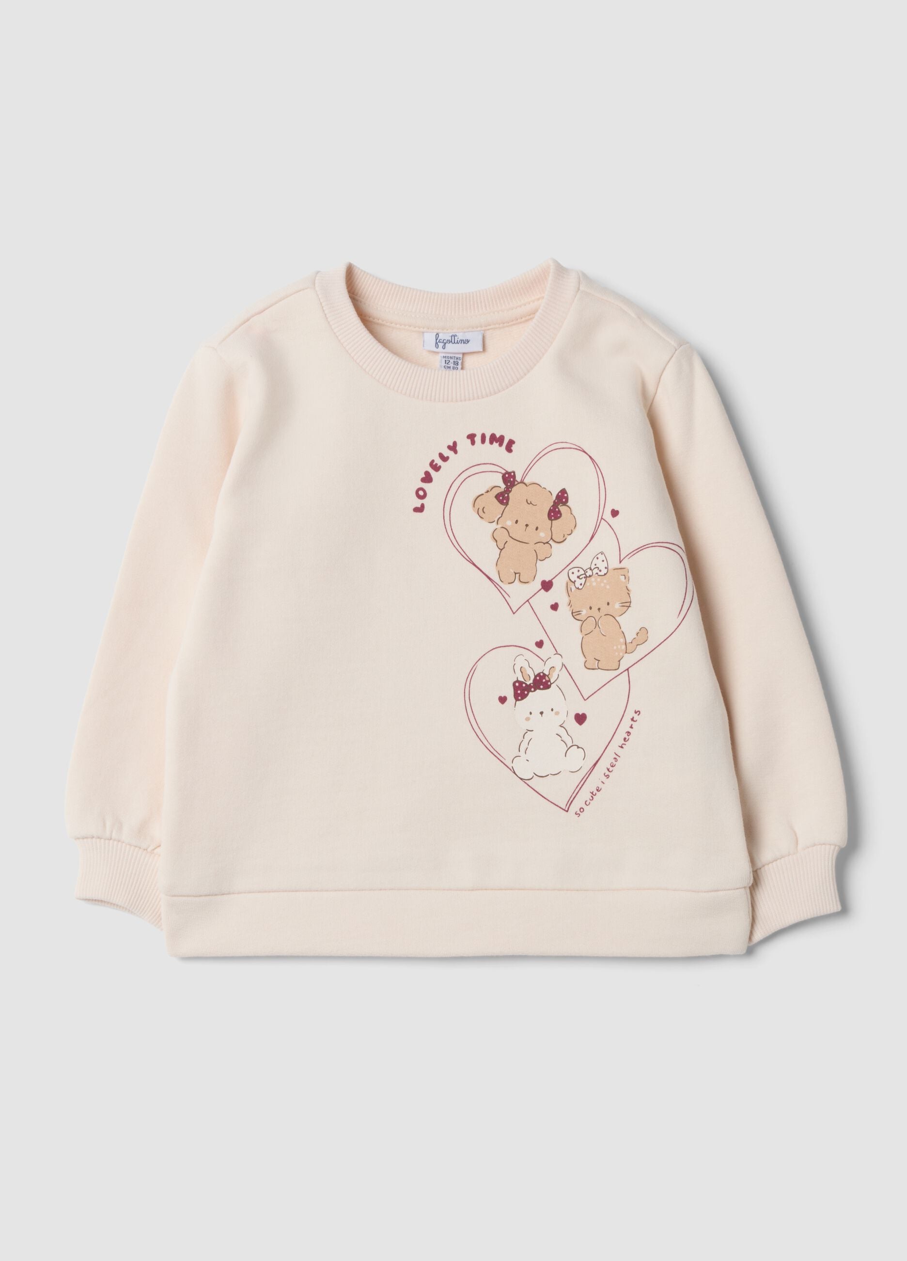 Beige pure cotton printed crew-neck sweatshirt