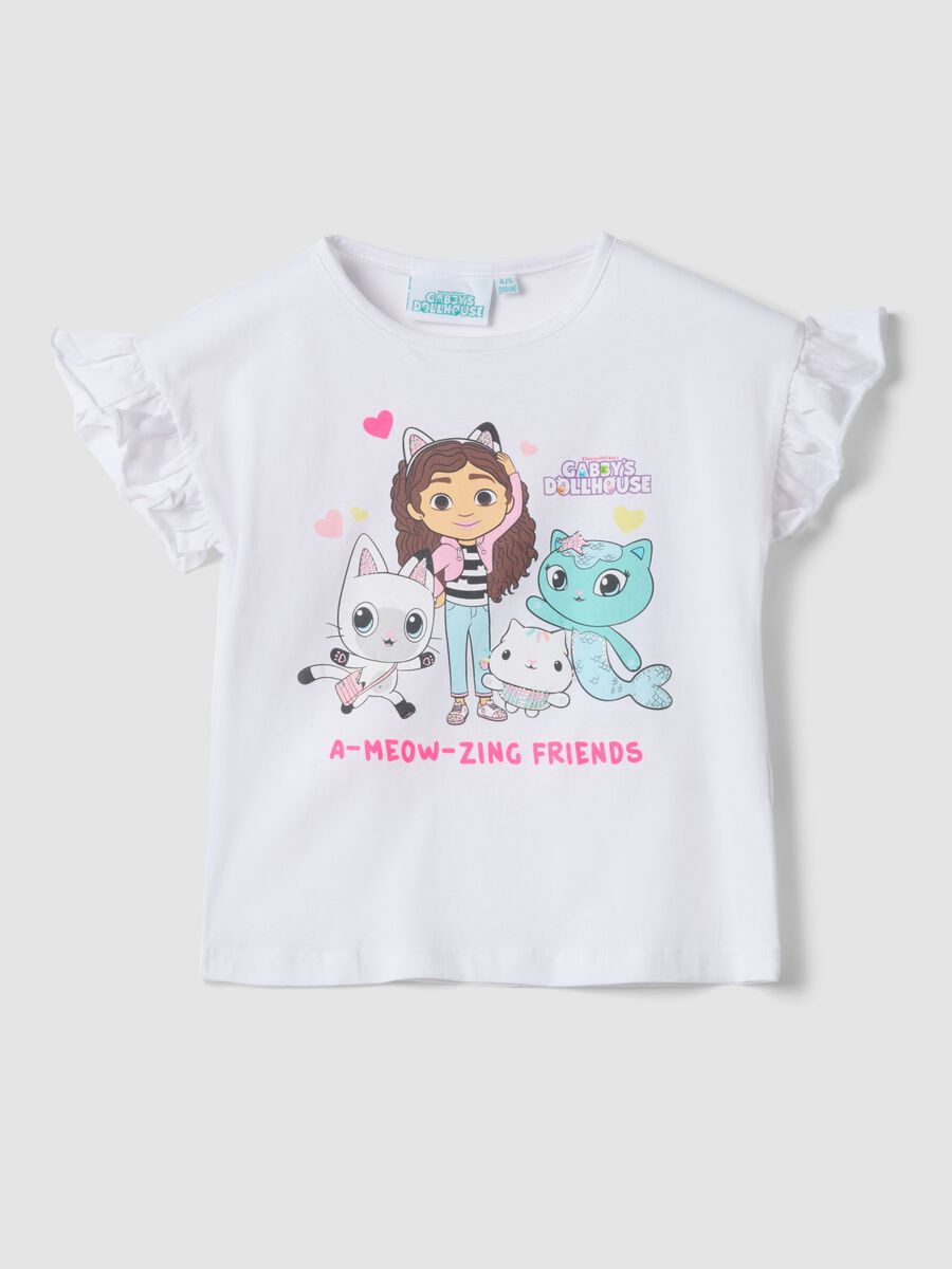 T-shirt in cotone elasticizzato bianco da bambina con stampa_0