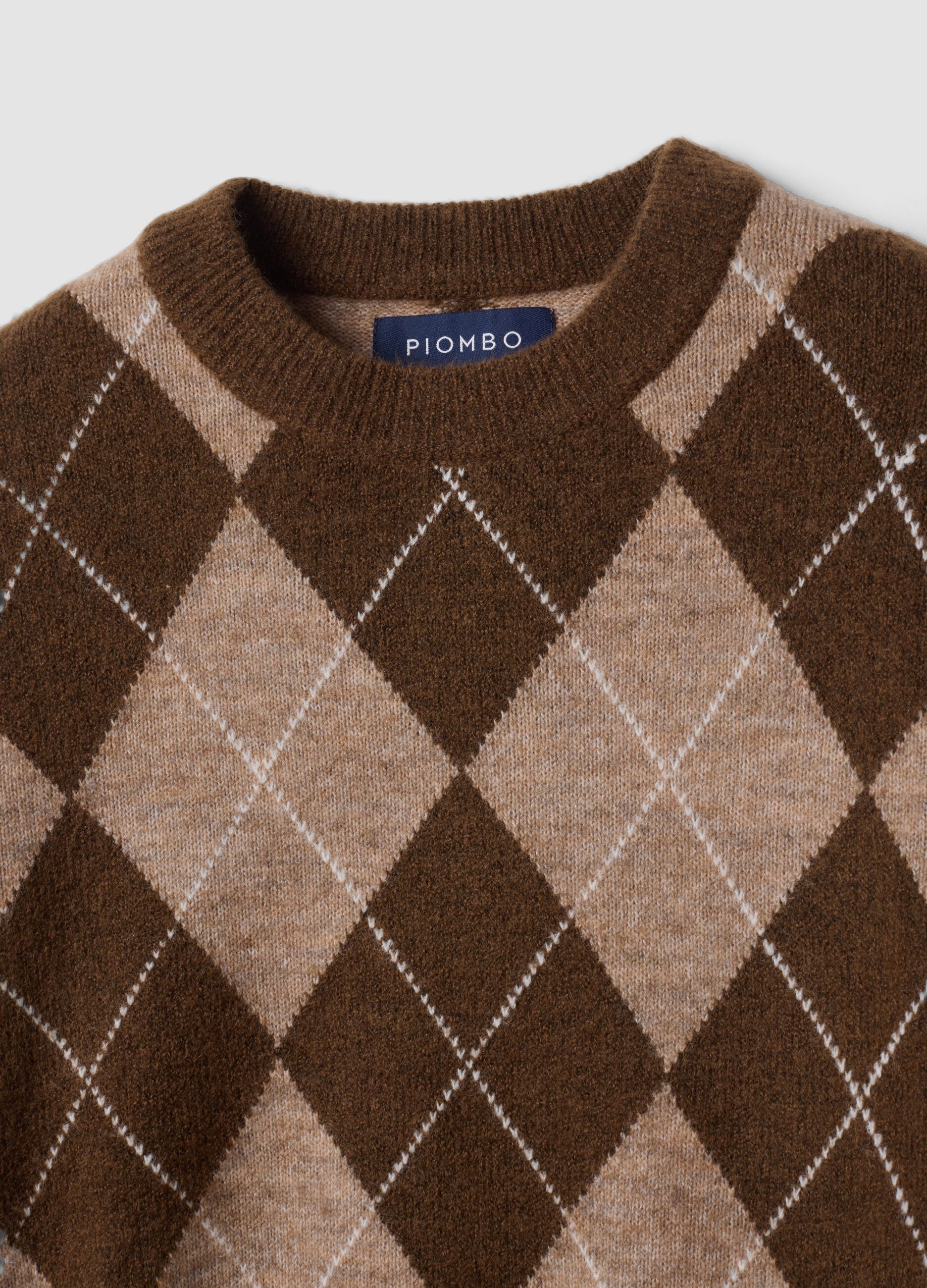 Brown diamond-pattern stretch wool crew-neck jumper