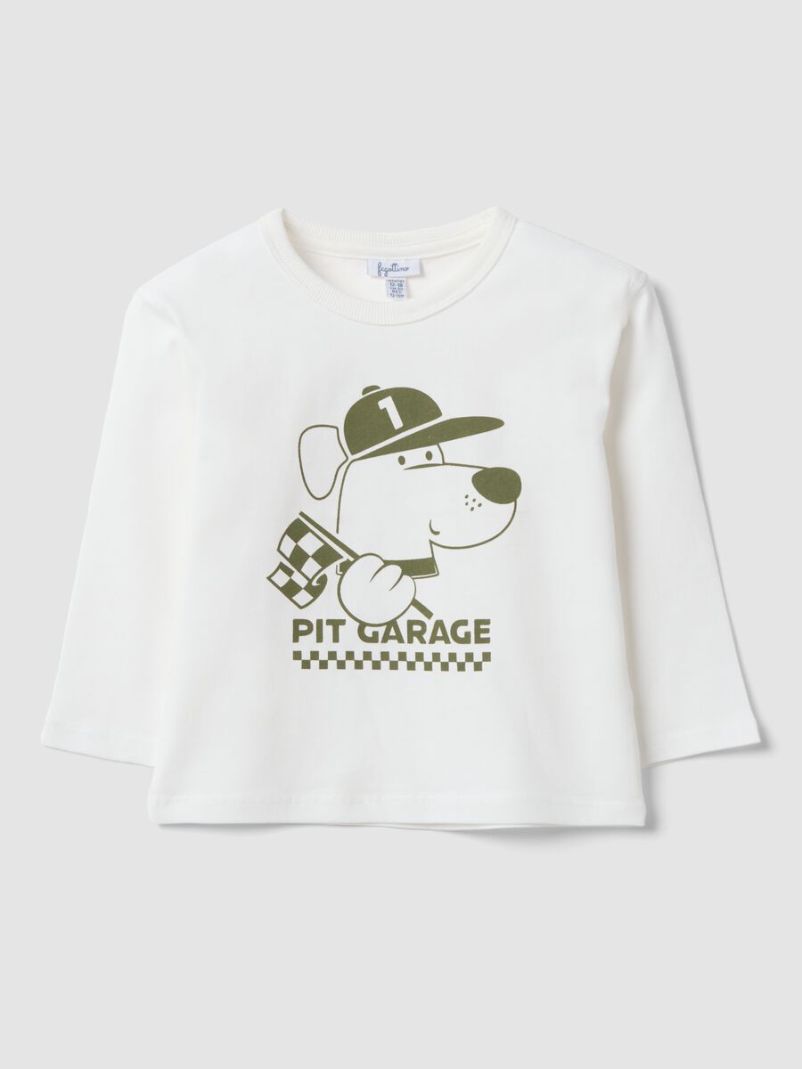 White organic cotton T-shirt with puppy print for boys_0