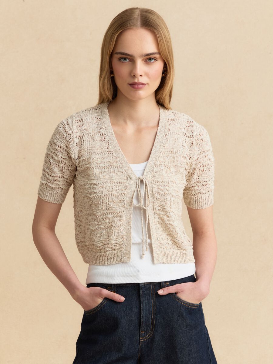 Beige crochet-style cotton and linen blend cardigan with deep V-neck, regular fit_0