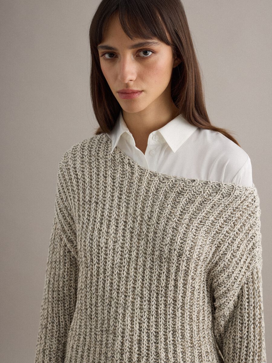 Beige cotton blend regular fit woven jumper with boat neck_1