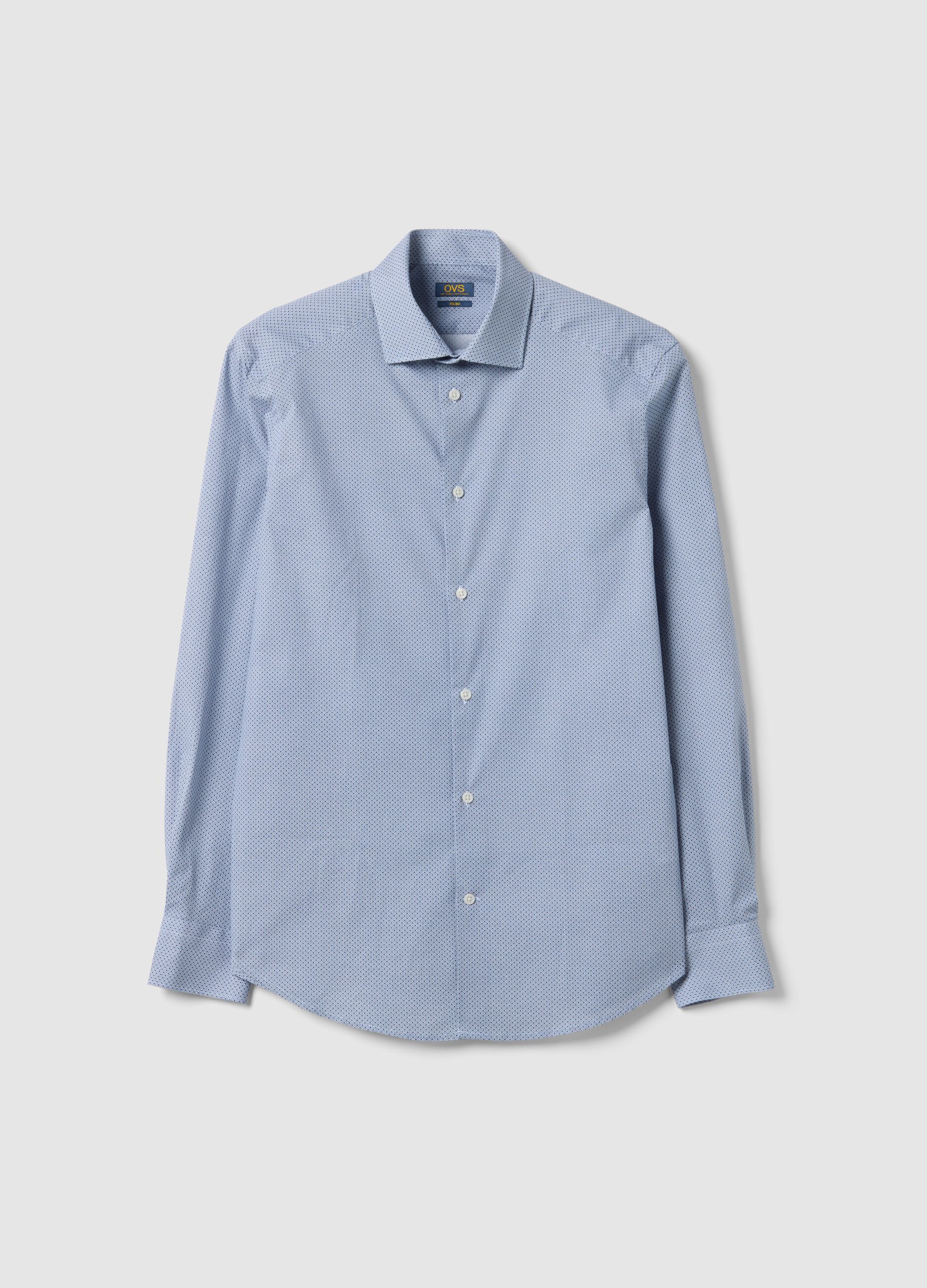 Slim fit blue stretch cotton shirt with micro checks