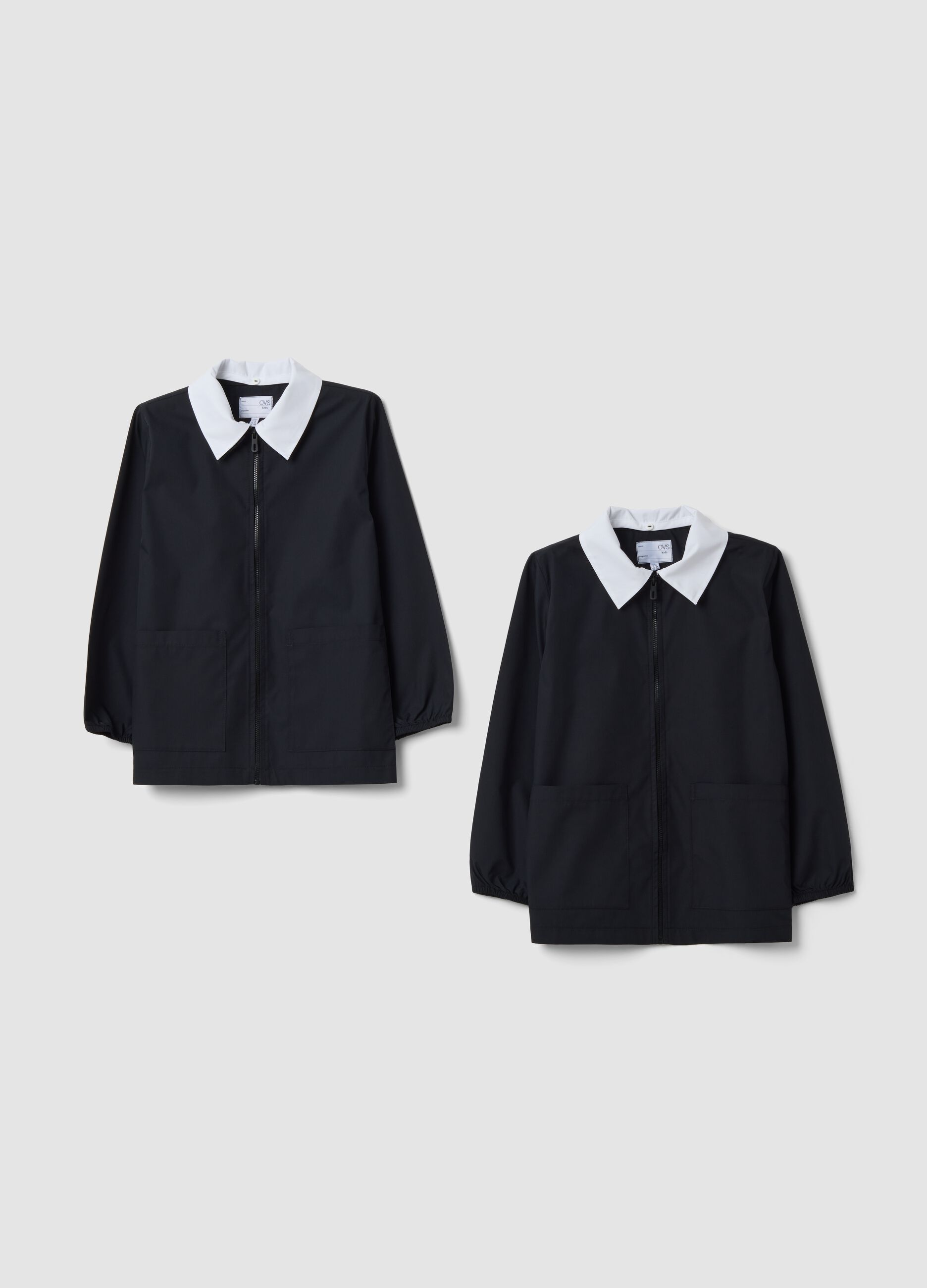 2-pack of black school smocks with zip and white collar