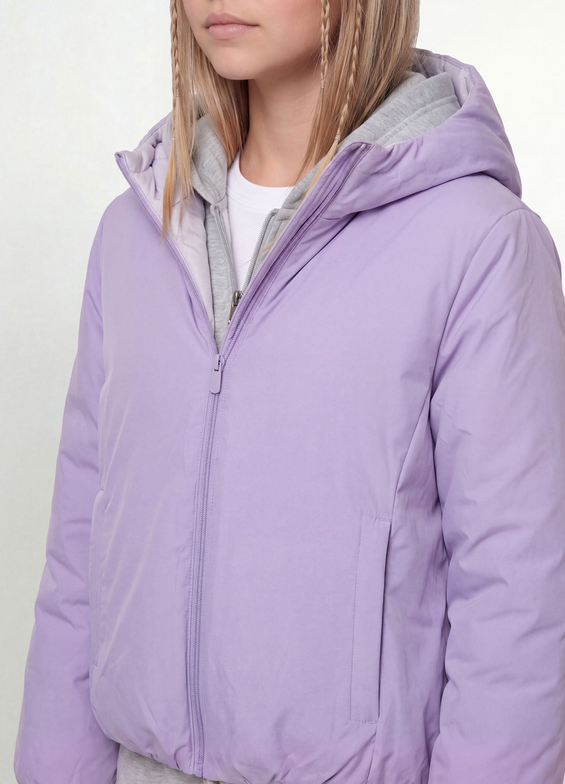 Giacca Ultralight viola reversibile con cappuccio e zip per ragazza