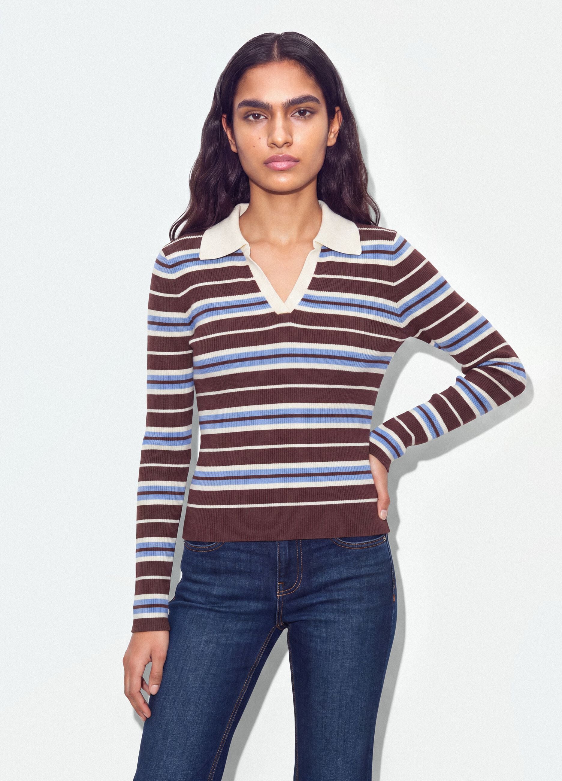 Multicolour striped viscose-blend fitted polo-collar knit