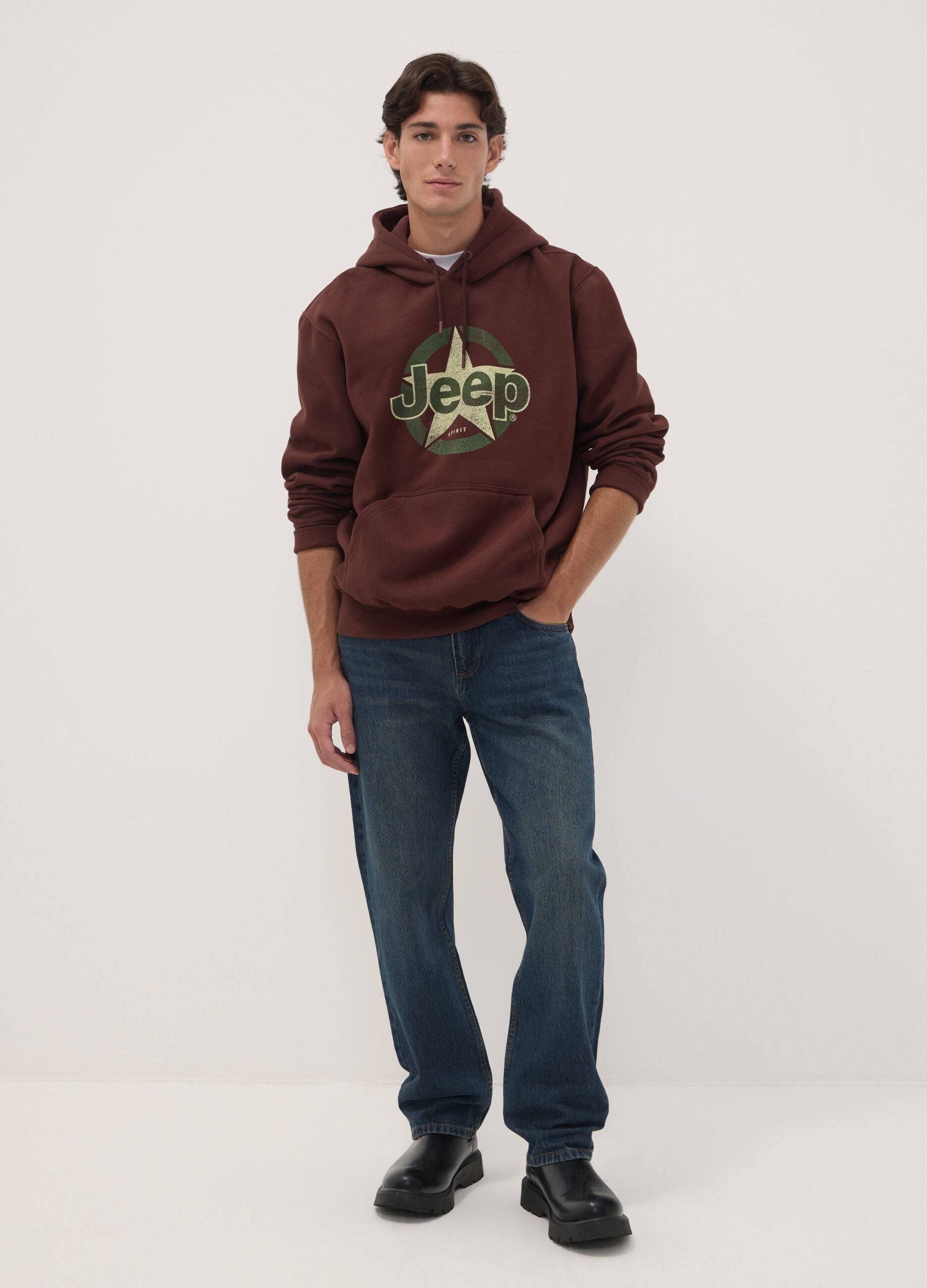 Brown cotton-blend hoodie with Jeep print, relaxed fit