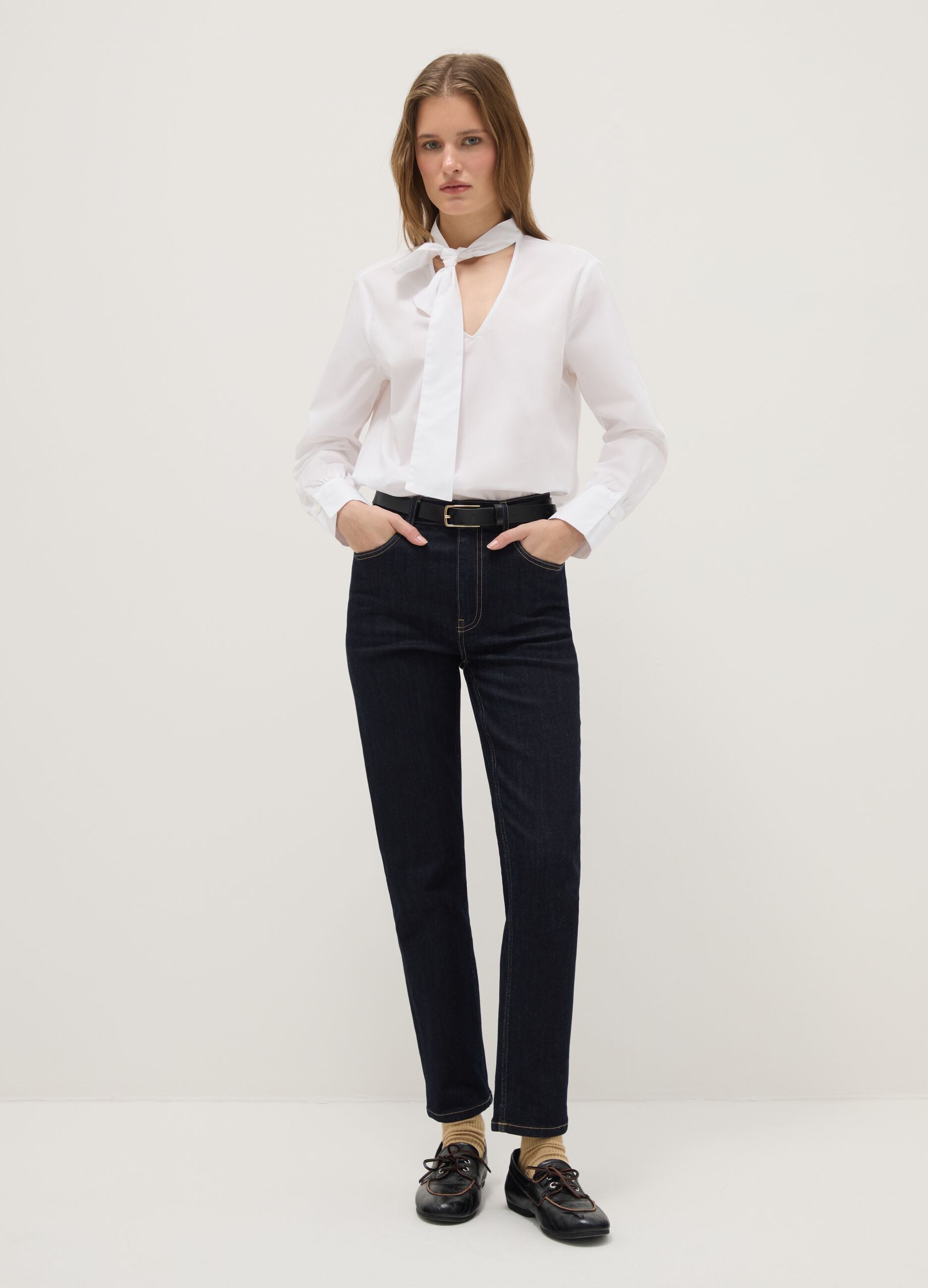 White pure cotton regular fit shirt with ribbon collar