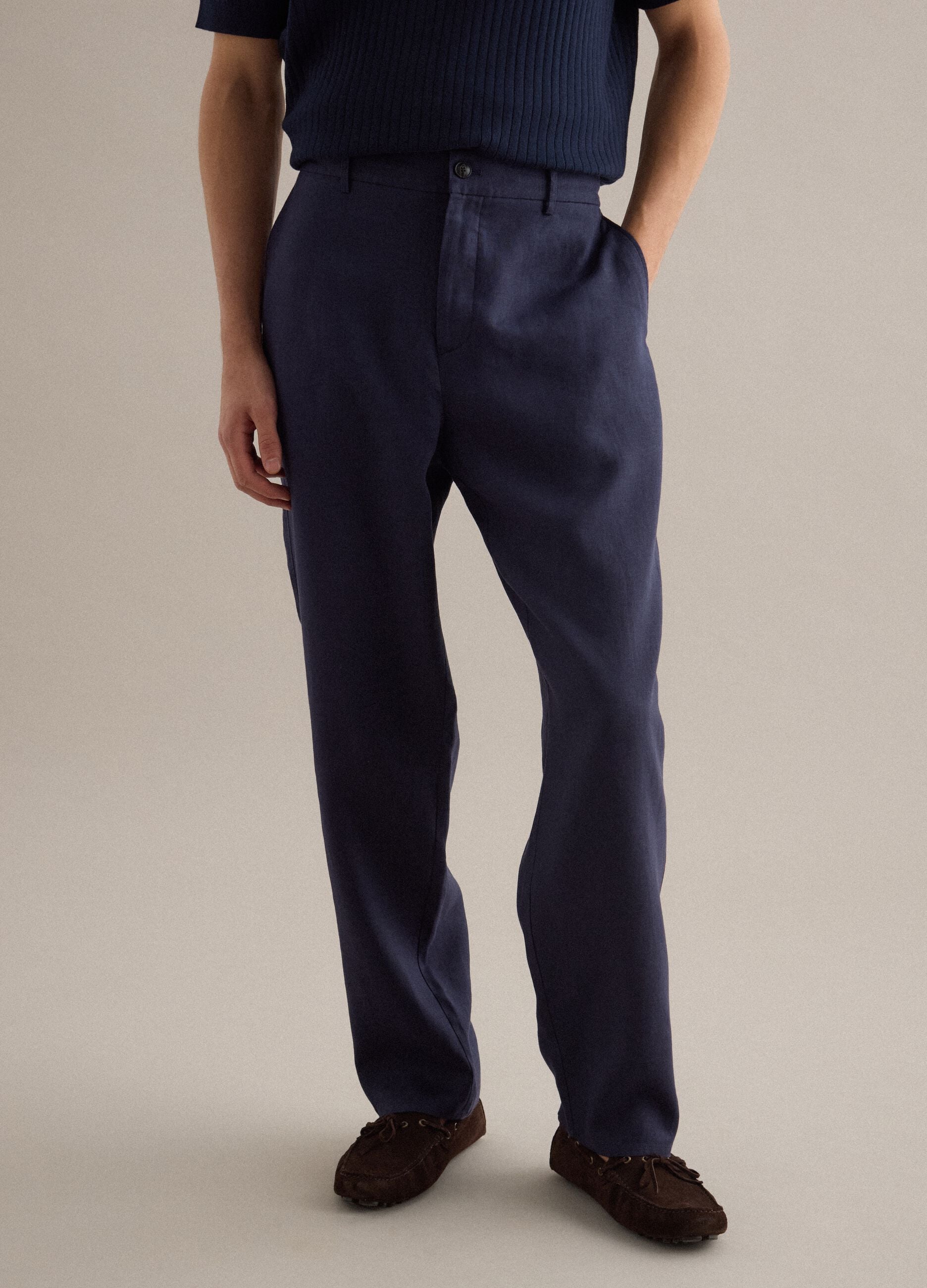 Regular fit pure linen blue trousers