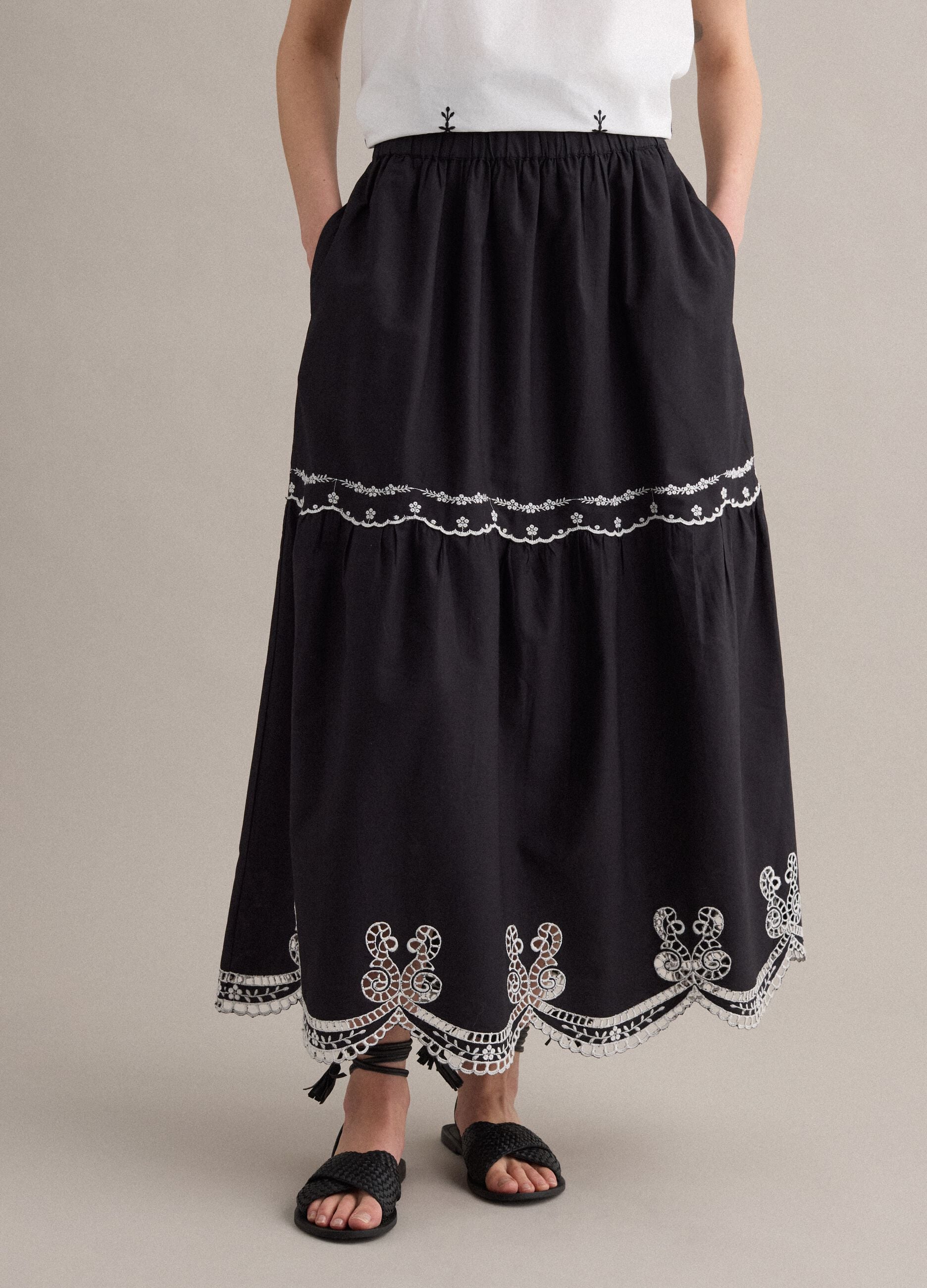 Long blue pure cotton skirt with embroidery
